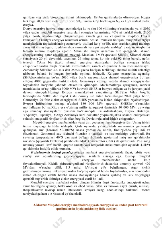 a o‘tkazilgan osiyo quyosh energiyasi forumining 6- yig‘ilishida “quyosh energiyasi-kelajak energiyasi”- “quyosh energiyasi texnologiyalarini rivojlantirish tendensiyalari va istiqbollari" mavzusidagi ma’ruzalarida muqobil energiyaning eng samarali va istiqbolli manbai sifatida quyosh energiyasini rivojlantirish loyixalarini ishlab chiqish va joriy etishga erishish;inqirozdan chiqishda lokomativ vazifasini bajaradigan omillardan biri bo‘lishini va energiyani tejashning samarali tizimini joriy etish choralarini amalga oshirish lozimligini, mavjud resurslardan, birinchi navbatda energiya resurslaridan nechogli tejamli foydalana olishimizga bog‘liq ekanligini alohida qayd qilib o‘tganlar. kelajakdagi zarur o‘zgarishlarni inobatga olib bugunning o‘zidayoq, muqobil energiya manbalaridan bo‘lgan, quyosh, shamol, geotermal, biomassa, atom, dengiz to‘lqini, okean va dengiz suvining ko‘tarilishi va pasayishidan foydalanish uchun zamonaviy texnologiyalarni ishlab chiqish va joriy etishga erishish muhim masalalardandir. bu borada jahon olimlaridan: v.a. baum, b.j. brinkvort, b.v. tarnijevskiy, v.a. grilixes, j.a. daffe, u.a. bekman, r.b. bayramov, b.m.elson, b.dejong, w.a.beckman, a.g.h. dietz, r.w.beiss. f.t. bacon, s. andrassy, l.b.anderson, g.c.blytas va boshqa olimlar ilmiy tadqiqotlari bilan o‘z xissalarini qo‘shganlar. muqobil energiya …