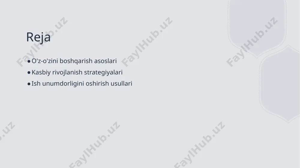 ishda muhim ahamiyatga ega. bu usul, shaxsiy va professional maqsadlarni belgilashda yordam beradi. 2 o'z-o'zini baholash o'z-o'zini boshqarish, shaxsiy kuchli va zaif tomonlarni aniqlash imkonini beradi. bu, professional o'sishga erishishda zaruriy qadam hisoblanadi. 3 uzoq muddatli muvaffaqiyat o'z-o'zini boshqarish, kasbiy rivojlanish uchun uzoq muddatli strategiyalarni ishlab chiqishga yordam beradi. bu, muvaffaqiyatli karera qurishga turtki beradi. innovatsion strategiyalar orqali kasbiy ko'nikmalarni rivojlantirish. innovatsion strategiyalar orqali kasbiy ko'nikmalarni rivojlantirish, ish jarayonida yangi texnologiyalarni qo'llash, malaka oshirish dasturlari va kreativ fikrlashni kuchaytirish orqali amalga oshiriladi. bular, ish samaradorligini oshirib, professional muvaffaqiyatga erishishga yordam beradi. photo by randa marzouk on unsplash o'z-o'zini motivatsiya qilish: samarali ish usullari. 1 o'z-o'zini anglash o'z-o'zini anglash, shaxsiy motivatsiyani oshirishda muhimdir. o'z qobiliyatlaringizni va kuchli tomonlaringizni bilish, maqsadlar belgilashga yordam beradi. 2 maqsadlar belgilash aniqlik va o'zgaruvchan maqsadlar belgilash motivatsiyani oshiradi. smart (maxsus, o'lchovli, erishiladigan, muhim, vaqtga bog'liq) prinsiplariga amal qilish tavsiya etiladi. 3 ijobiy fikrlash ijobiy fikrlash usullari …