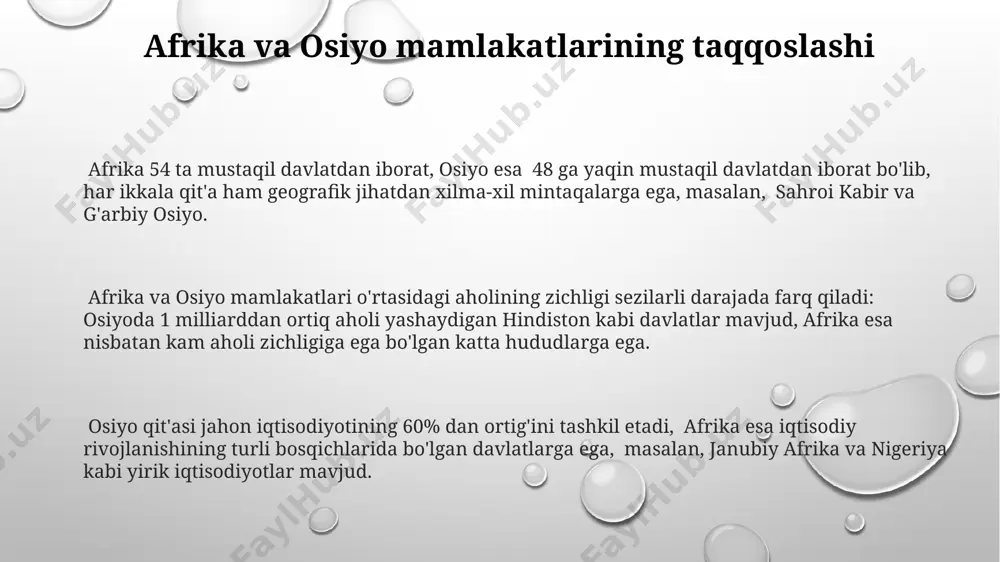 tlarining 60% dan ortig'i suv taqchilligi muammosiga duch kelmoqda, bu esa qishloq xo'jaligi yetishmovchiligiga va 2050 yilga kelib aholining 2 milliarddan ortig'ining ko'chishiga olib kelishi mumkin. osiyo mamlakatlarida, xususan janubi-sharqiy osiyo va janubiy osiyoda, tez sur'atlarda shaharlashuv natijasida atrof-muhit ifloslanishi, havo sifati yomonlashishi va 10 millionlab odamning sog'lig'iga salbiy ta'sir ko'rsatadigan muammolar kuzatilmoqda. siyosat: afrika va osiyo afrika va osiyo davlatlarining 2023-yilgi yalpi ichki mahsuloti (yaim) o'sish sur'atlarini taqqoslash, masalan, nigeriya va hindiston iqtisodlarining farqini ko'rsatish mumkin. afrika va osiyo mamlakatlaridagi aholining 15-25 yosh oralig'idagi yoshlar sonining ko'payishi, kelajakdagi demografik o'zgarishlar va bu o'zgarishlarning iqtisodiy ta'siriga ta'sirini baholash mumkin. markaziy osiyo mintaqasidagi 5 ta davlatning geografik joylashuvi va afrika buyuk ko'llar mintaqasi bilan o'xshashliklari va farqlarini tahlil qilish orqali mintaqaviy xususiyatlarni solishtirish mumkin. afrika mamlakatlarining kelajagi afrika mamlakatlarining 60% dan ortig'i yosh aholisi bilan ajralib turadi, bu esa iqtisodiy o'sish va texnologik taraqqiyot uchun katta potentsialni anglatadi, masalan, nigeriya va …
