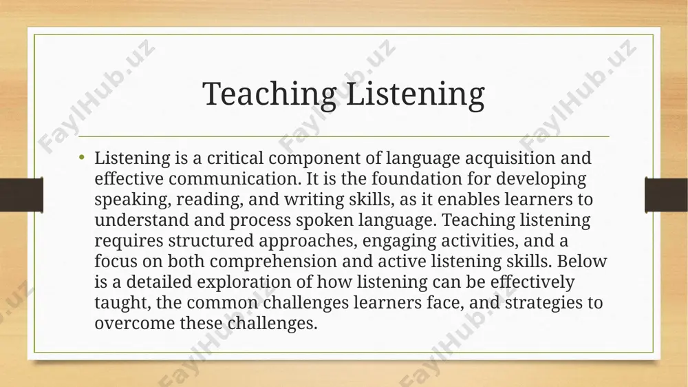 bjective: prepare students for the listening task by activating background knowledge. activities: discuss the topic, predict content, and introduce key vocabulary. while-listening stage: objective: engage students in the listening process by focusing on comprehension. activities: answer specific questions based on the audio. identify key details or main ideas. complete cloze exercises or fill-in-the-blank tasks. post-listening stage: objective: reflect on and analyze what has been heard. activities: summarize the content. discuss themes or opinions. extend learning through role-plays or related writing tasks. effective strategies for teaching listening use authentic materials:expose students to real-world audio such as news reports, songs, podcasts, or conversations. this improves their ability to handle various accents, speeds, and contexts.teach listening strategies:predicting content before listening.identifying keywords and main ideas.using contextual clues to infer meaning.provide repeated exposure:allow students to listen to the same material multiple times, focusing on different aspects each time (e.g., general understanding, specific details).integrate visual aids:use …