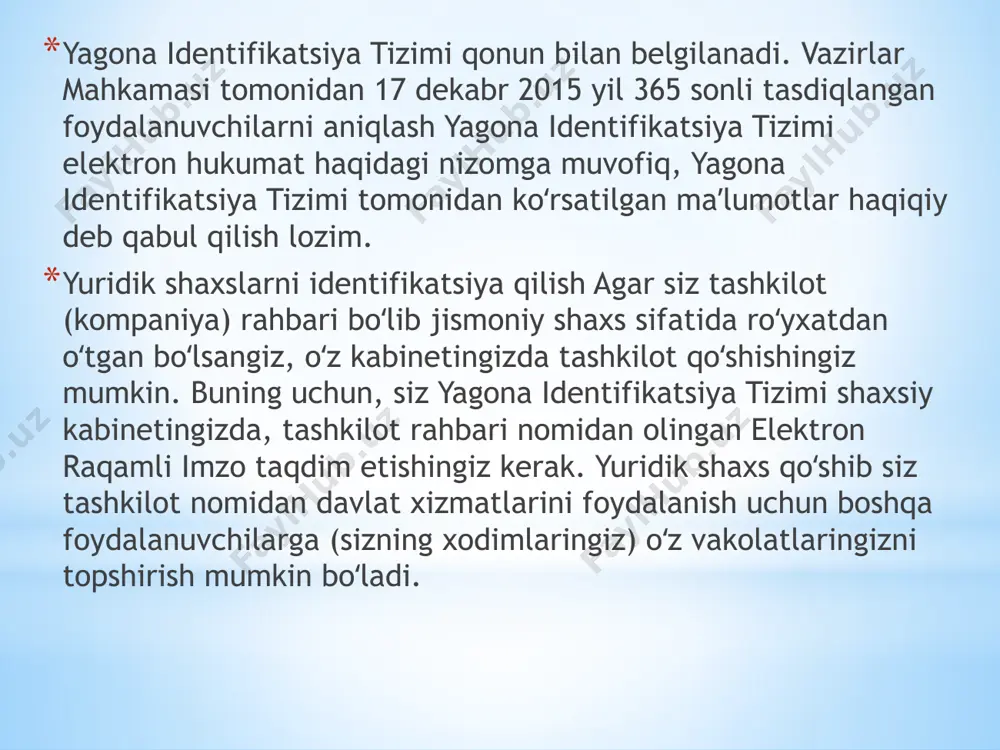 hini ta’minlashi shart”, deb alohida ko‘rsatilgan. davlat organlari axborot tizimlari tarkibiga quyidagilarni kiritish mumkin muayyan davlat organi tomonidan maqsad hamda vazifalarini amalga oshirishga xizmat qiluvchi tranzaksiyali va hisobdagi mavjud quyi tizimlar; - milliy axborot tizimi tarkibidagi, davlat organlari o‘rtasida axborot tizimlari orqali ma’lumot almashinishga xizmat qiluvchi quyi tizimlar; - davlat organi faoliyatida boshqaruv va ish jarayonini osonlashtirishga xizmat qiluvchi resurslarni boshqarishning quyi tizimlari; - davlat organlari faoliyatida ma’lumotlarni yig‘ish, qayta ishlash, saqlash va tahlil qilishga xizmat qiluvchi axborot-tahliliy quyi tizimlar; - elektron hujjat almashinuvining quyi tizimlari; - hujjatlarning elektron arxivini boshqarishga doir quyi tizimlar; - ekspluatatsiyani boshqarish(infratuzilma komponentlarini boshqarish tizimlari)ga oid quyi tizimlar; - davlat organi to‘g‘risida internet yoki boshqa kanallar orqali axborot yetkazish, jismoniy va yuridik shaxslar o‘rtasidagi o‘zaro aloqani ta’minlaydigan quyi tizimlar; - axborot xavfsizligini ta’minlaydigan quyi tizimlar; - hujjat tayyorlash va axborot almashish maqsadida davlat organi xodimlari tomonidan foydalaniladigan idoraviy quyi tizimlar. bugungi rahbar va ijrochi o’zining …