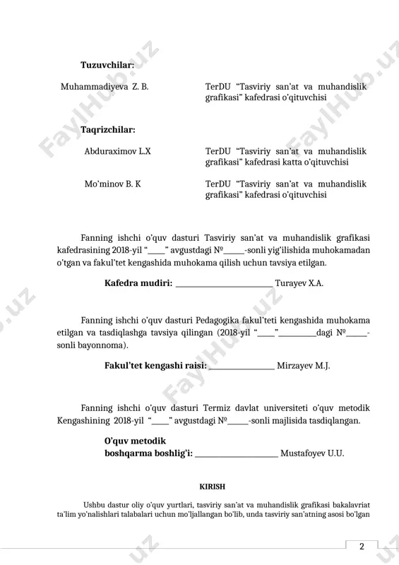 iy san’atning asosi bo’lgan rangtasvirning kelib chiqish tarixi va rivojlanishi, tasviriy san’at qonun-qoidalari, bo’lajak tasviriy san’at o’qituvchilarini pedagogik jarayonga puxta tayyorlashda qalamtasvirning ahamiyati haqida so’z boradi. o’quv fanining maqsadi va vazifalari rangtasvir fanining maqsadi - bo’lajak pedagog rassomlarga borliqni, ranglarni ko’rib-kuzatib to’g’ri tasvirlash, idrok etish, qo’l, ko‘z, ong va sezgi organlarini o‘stirish hamda ulardagi ijodiy qobiliyatini o’stirish, tasviriy san’atga oid bilim, ko’nikma va malakalarni shakllantirish, hamda pedagogik faoliyatga puxta tayyorlashdan iborat. realistik rangtasvir ishlash san’ati borliqni haqqoniy obrazlarda ifoda etish mahoratini rivojlantirish. “rangtasvir” fanining vazifalari bo’lajak o’qituvchi-rassomlarni tayyorlashda asosiy mezon hisoblanib,badiiy jihatdan tarbiyalash, badiiy didlarini yuksaltirish, tasviriy san’at asarlari bilan chuqur tanishtirish, tasviriy san’at asarlarini ko’rish va tushunish ko’nikmalarini hosil qilish. shuningdek, talabalarga ko’rib-kuzatib, tahlil qilib to’g’ri tasvirlash, atrof-muhitni, borliqni idrok etish, rang sezish, rangtasvir asarlarini yaratish malakalarini shakllantirishdan iborat. rangtasvir amaliy mashg’ulotlar orqali olib boriladi. shuni ta’kidlash kerakki, amaliy mashg’ulotlar qatorida nazariy bilimlar ham bo’lajak rassom-pedagoglarga ularning keyingi pedagogik …