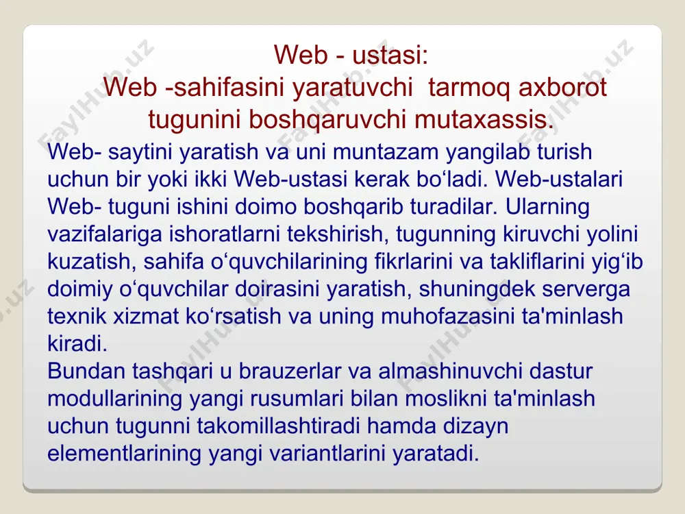aollashtiriladi copyright © 2000 iatp site design by makhmud botirov en grant iatp ii&is uz iatp granti ii va ah www.arxiv.uz www.arxiv.uz katta tasvirlar yaratishdan qoching. bunda hajmi 35 kbaytdan yuqori gif-fayl katta deb hisoblanadi. har qanday katta tasvir yuklash vaqtini oshirib, o‘quvchining g‘ashiga tegadi va sizning sahifangiz o‘qilish ehtimolini kamaytiradi. o‘rnatilmagan tasvir bilan aloqani o’rnatishda uning kilobaytlardagi o‘lchamini ko‘rsatish foydali. doimo katta fayllar borligi haqida foydalanuvchini ogohlantiring! minglab va millionlab jiloli rangli tasvirlarni ishlatish yaramaydi, 256 jiloli rangli tasvirni qo‘llash kifoya. har bir sahifada uni yaratuvchining imzosi bo‘lishi tartibli hisoblanadi. sahifada uning elektron pochtasi manzili yoki bosh sahifasi bilan bog‘lanish ushun maxsus ishorat bo‘lishi mumkin. katta hujjatlarning qisqa tahlilini maxsus “what’s new?” (“qanday yangiliklar?”) web-sahifasiga joylashtirish foydali. bunday sahifa sizning hujjatingizni o‘rganishda o‘quvchi uchun muqaddima bo‘lishi kerak. web yaratuvchilariga foydali maslahatlar copyright © 2000 iatp site design by makhmud botirov en grant iatp ii&is uz iatp granti ii va …