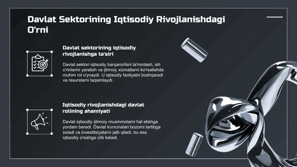 oliyaviy resurslardan samarali foydalanish samaradorlikni baholash usullari va metodologiyalari quyidagilardan iborat: - iqtisodiy ko'rsatkichlar - ishlab chiqarish jarayonlari tahlili - foyda darajasini baholash boshqaruv usullari tahlili davlat korxonalarida boshqaruv usullari uch xilga bo'linadi: an'anaviy, zamonaviy va innovatsion. har birining o'ziga xos afzalliklari va cheklovlari mavjud bo'lib, ular korxonalar samaradorligini oshirishda muhim rol o'ynaydi. boshqaruv usullarining samaradorligi 2022-yil statistikalari bilan tasdiqlangan. misol sifatida, zamonaviy boshqaruv 15% gacha samaradorlikni oshirishga yordam berdi. innovatsion boshqaruv usullarini joriy etish uchun malakali kadrlar, texnologik infratuzilma va o'zgarishlarga tayyorlik talab etiladi. bu korxonalar uchun kelajakda raqobatbardoshlikni ta'minlaydi. davlat korxonalari va ijtimoiy masalalar davlat korxonalari ijtimoiy masalalarga sezilarli ta'sir ko'rsatadi. ular ish o'rinlari yaratish, infratuzilma rivojlantirish va ijtimoiy xizmatlarni taqdim etishda muhim rol o'ynaydi. davlat korxonalari ijtimoiy masalalarni hal etishda katta mas'uliyatga ega. ular ijtimoiy adolatni ta'minlash, iqtisodiy tengsizlikni bartaraf etish va barqaror rivojlanishni qo'llab-quvvatlashda muhim ahamiyatga ega. davlat korxonalarining jamoatchilik bilan aloqalari ularning ijtimoiy masalalardagi muvaffaqiyatiga …