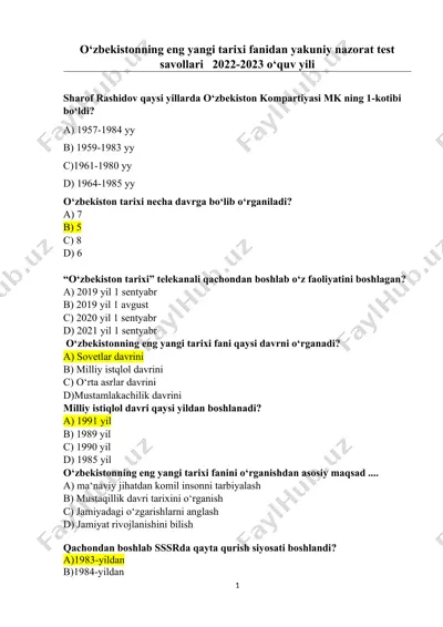 o‘zbekistonning eng yangi tarixi fanidan yakuniy nazorat test savollari 2022-2023 o‘quv yili — DOCX