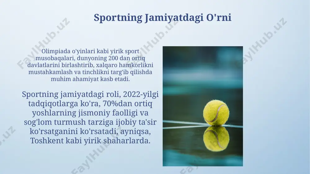 , akademik ko'rsatkichlarning 15% ga oshishiga olib kelgan. talabalar sportining turlari andijon viloyatining sport maktablarida 2022-yilda 300 dan ziyod talaba milliy kurash va taekvondo kabi an'anaviy va zamonaviy sport turlari bilan shug'ullandi. samarqand viloyatida 200 dan ortiq talaba 5 turli sport turiga, shu jumladan, yengil atletika va suzishga muntazam ravishda shug'ullanmoqda. sportda etik xulq-atvor 2017-yilda oʻzbekistonning 5 ta oliy sport maktabida sportchilarning axloqiy xulq-atvori boʻyicha 300 dan ortiq tadqiqot oʻtkazildi, natijalar milliy sport strategiyasini shakllantirishga yordam berdi. xalqaro olimpiya qoʻmitasi qoidalari va 2024-yil parij olimpiadasining axloq kodeksiga muvofiq, sportdagi etik xulq-atvor masalalari boʻyicha 10 ta muhim tavsiya ishlab chiqildi. sport infrastrukturasi va imkoniyatlar oʻzbekiston boʻylab 200 dan ortiq maktabda yangi sport zallari va maydonchalari qurilishi rejalashtirilgan, bu 50000 dan ortiq oʻquvchiga foyda keltiradi. samarqand viloyatida qurilgan yangi sport majmuasi 25000 tomoshabinga moʻljallangan boʻlib, unda basketbol, voleybol va suzish havzalari mavjud. jamoaviy ish va hamkorlik jamoaviy ish va hamkorlik, masalan, 50 …