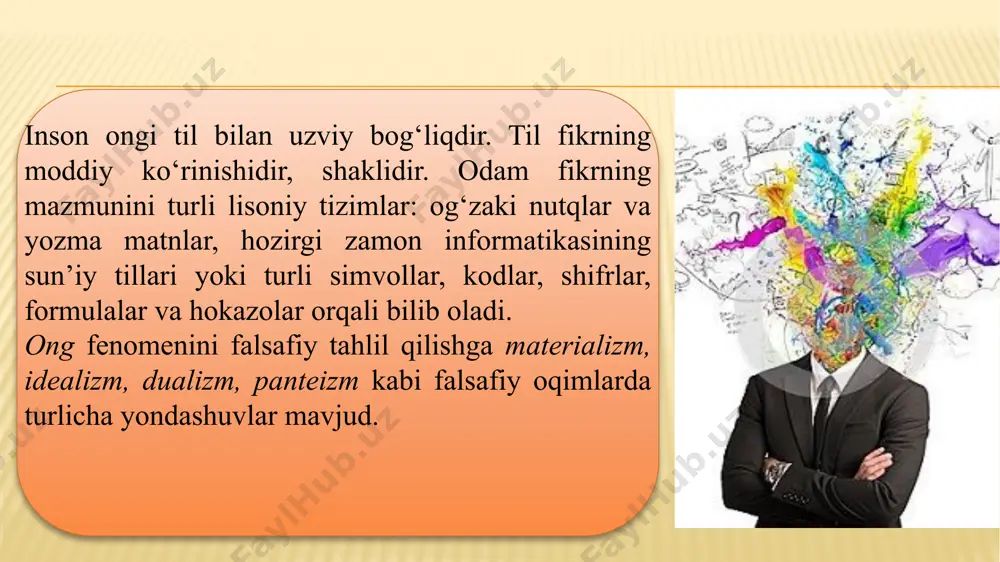ra sinflarga birlashtiriladi va shu tariqa ularning mohiyatini tushunish, ularni xarakterlaydigan qonuniyatlarni bilish imkoniyati tug‘iladi. masalan, yuqorida keltirilgan «inson» tushunchasida barcha kishilar bitta mantiqiy sinfga birlashtirilib, ular o‘rtasidagi muhim bog‘lanishlar (masalan, ijtimoiy munosabatlar) bilib olinadi. 2. tafakkur borliqni nafaqat bevosita, balki bilvosita tarzda ham aks ettira oladi. unda yangi bilimlar tajribaga har safar bevosita murojaat etmasdan, mavjud bilimlarga tayangan holda hosil qilishi mumkin. fikrlash bunda predmet va hodisalar o‘rtasidagi aloqadorlikka asoslanadi. masalan, bolaning xulq-atvoriga qarab uning qanday muhitda tarbiya olganligi haqida fikr yuritish mumkin. tafakkurning mazkur xususiyati, ayniqsa, xulosaviy fikr hosil qilishda aniq namoyon bo‘ladi. 3. tafakkur insonning ijodiy faoliyatidan iborat. unda bilish jarayoni borliqda real analogiga ega bo‘lmagan narsalar – yuqori darajada ideallashgan obuektlar (masalan, absolyut qattiq jism, ideal gaz kabi tushunchalar)ni yaratish, turli xil formal sistemalarni qurish bilan kechadi. ular yordamida predmet va hodisalarning eng murakkab xususiyatlarini o‘rganish, hodisalarni oldindan ko‘rish, bashoratlar qilish imkoniyati vujudga keladi. 4. tafakkur …