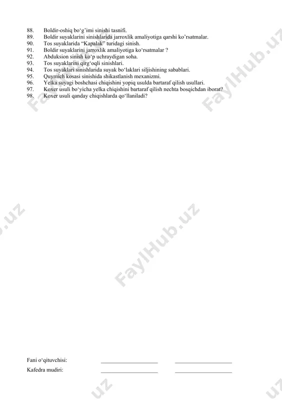 joyidan sinish turlari. 1. i kaft suyagi asosidan sinish turi. 1. bennet sinishida fiksatsiya muddati kancha 1. son suyagi medial sinishini qanday turlari bor 1. yelkaning fleksion sinish belgisi. 1. son suyagi markaziy chiqishida skelet tortish sistemasi qaysi soxadan o‘tkaziladi? 1. tirsak suyagining tirsak o‘sigi sinishini konservativ davolash. 1. bilak ikkala suyaklarini operativ davolashga ko‘rsatma. 1. bilak suyaklari sinib-chikish turlari. 1. qaysi siniqlarda bemorni volkovich xolatiga yotkiziladi? 1. tirsak o‘sig‘i singanda operativ davoga ko‘rsatma. 1. umurtqaning nostabil sinishi deb nimaga aytiladi? 1. umurtqaning nostabil sinishlarini qanday xolatlarda uchraydi? 1. tizza bo‘g‘imi ichi sinishlari. 1. umurtqa singanda funksional davolashga ko‘rsatmalar. 1. katta boldir suyagi o‘rta va pastki uchligidan singanda suyak bo‘laklari qaysi tomonga suriladi? 1. tirsak o‘sig’i sinishlarida mavjud bo’lgan osteosintez turlari. 1. to‘piq sinish turlari. 1. yelka suyagi do‘nglarusti sinishlarida qo‘l immobilizatsiya metodikasi. 1. chanoq suyaklarining malgeni tipidagi sinishi. 1. qovurg’alar yopik singandagi o‘pka shikastini to‘gridan-to‘gri belgisi. 1. bir nechta …