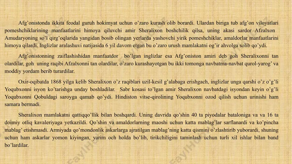 inglizlarning bu talablarini rad etdi va vatan mustaqilligini qurol bilan himoya qilishga qaror qildi. amir bo’lg’usi jangga tayyorlanish uchun aholiga qo’shimcha soliqlar soldi, bu esa xalq ommasi noroziligini keltirib chiqardi. ingliz-rus munosabatlarining yaqin sharqdagi inqirozi va 1877-1878 yillardagi rus-turk urushi natijasida ingliz mustamlakachilarining afg’onistonga qarshi qaratilgan urushi 1877 yilda boshlanmasdan qoldi. rus hukumati ingliz-afg’on munosabatlarining keskinlashib ketganligidan o’z manfaatlari yo’lida foydalanib qolishga intildi va angliyaga harbiy-diplomatik yo’l bilan ta’sir o’tkazishga harakat qildi. bu yaqin sharq inqirozi bilan bevosita bog’liq bo’lib, 1878 yil bahorida, berlin kongressi ochilishi arafasida sodir bo’ldi. bu davrda hali rossiyaning angliya bilan aloqalarning uzilishi va hatto rus-ingliz urushi xavfi bartaraf etilmagan edi. rus hukumati afg’onistonning shimoliy hududlariga 20 ming kishilik qo’shin yubordi, shu bilan birga general stoletov boshchiligidagi rus elchilari qobulga jo’natildi. stoletov janglarda chiniqqan tajribali general bo’lsada, unda diplomatlik mahorati yo’q edi va u afg’onlarga o’z vakolatidan ortiqcha va’dalarni berib yubordi. amir sheralixon stoletov missiyasini juda …