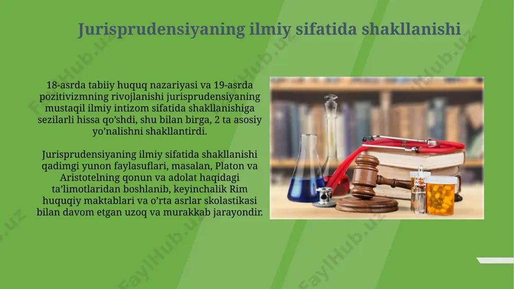 azifalari ushbu fanning muhim vazifalaridan yana biri – huquqiy tizimning rivojlanishini bashorat qilish va 5-10 yil davomida yangi huquqiy normalarning paydo bo’lish ehtimolini prognoz qilish orqali amaliyotga tavsiyalar berishdan iborat. yuridik fan sifatida yurisprudensiyaning vazifalaridan biri – huquqiy normalarning mantiqan izchil va tizimli tushunilishini ta’minlash, ya’ni kamida 3 ta asosiy huquqiy institutni o’zaro bog’lash orqali umumiy tushunchalarni shakllantirishdir. huquqiy institutlar huquqiy institutlarning tarkibiy qismlari sifatida huquqiy normalar, printsiplar, qoidalar va huquqiy amaliyotning 5 ta asosiy elementi mavjud bo'lib, ularning o'zaro bog'liqligi institutning yaxlitligini ta’minlaydi. huquqiy institutlar 2 yoki undan ortiq huquqiy me’yorlarning mantiqiy birlashuvidan tashkil topib, muayyan ijtimoiy munosabatlarni tartibga soladi va 3 ta asosiy elementga ega: sub’ektlar, ob’ektlar va huquqiy norma. huquqiy me'yorlar va ularning turlari huquqiy me'yorlarning 3 ta asosiy turi mavjud: dispozitiv, imperativ va deklarativ me'yorlar bo'lib, ularning har biri huquqiy munosabatlarni tartibga solishning o'ziga xos usullarini aks ettiradi. huquqiy me'yorlar ijtimoiy munosabatlarni tartibga solish uchun 2 …