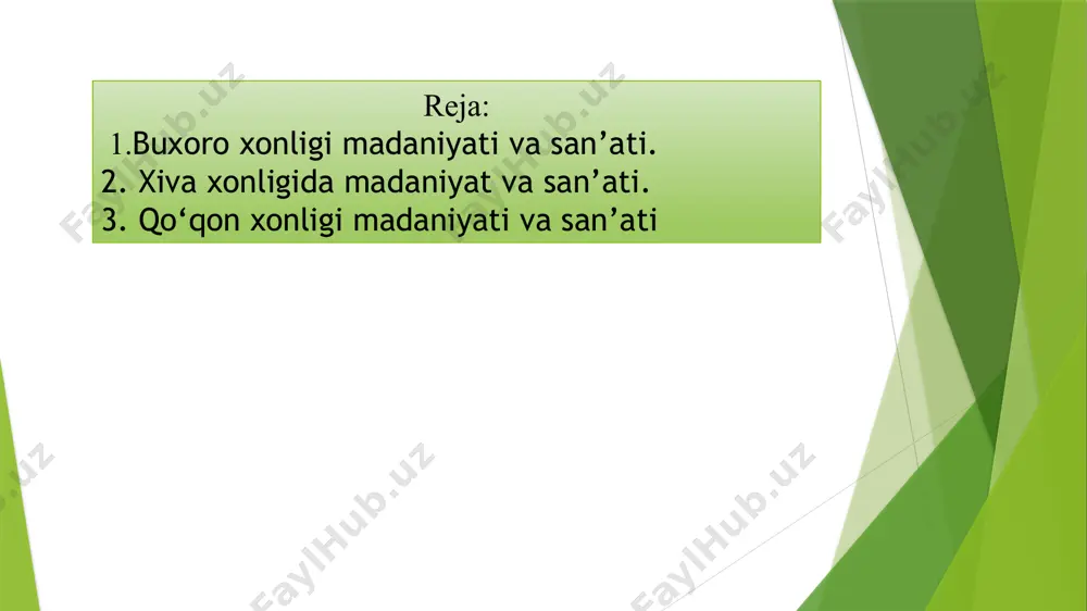 udlari ta‘mirlanib yirik majmualarga aylantirildi. shu davrda buxoroda poyi kalon jome masjidi, modarixon (1566-67) va abdullaxon (1588-90), ko’kaldosh (1557-98) madrasalari, labi hovuz me‘moriy majmuasi vujudga keldi. jumladan, toshkentda ko’kaldosh madrasasi qad ko’tardi. uni toshkent hokimi ko’kaldosh qurdirgan. xuddi shu nomdagi buxorodagi ko’kaldosh madrasasini esa abdullaxon iining sarkardasi qulbobo ko’kaldosh qurdirgan. chor bakr me‘moriy majmuasi (1559) ham davrning yirik qurilmalaridandir. abdullaxon ii mablag’iga bu yerda xonaqoh, masjid va madrasalar barpo etilgan. qurilmalar obodonlashtirilib atrofi chorbog’ga aylantirilgan. shu davrda katta suv inshoatlari, usti berk rastalar – timlar barpo etildi. abdullaxon bandi shunday inshoatlarddan bo’lgan. to’g’on va suv omborini tashkil etgan abdullaxon bandi shu yillar qishloq xo’jaligi ishlarini yaxshilashga qaratilgan tadbirlardan bo’lgan. 8 xvi asrda xorazm davlati qayta tiklangandan keyin 410-yil davomida xiva taxti 49 xon ko’rgan. ular orasida bir hafta, uch kun, hattoki bir kun hukmronlik qilganlari bor. ammo davlatchilik, iqtisod va madaniyat taraqqiyotaga katta hissa qo’shib nom qoldirganlari ham o’tgan. xiva …
