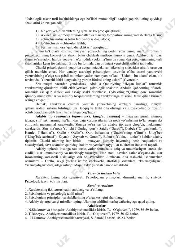 tashqi qiyofa, holat va xatti-harakatlarda ko’rinishini tasvirlash, ya’ni dinamik prinsip asosiy mezondir. o`zbek romanchiligida birinchi bor abdulla qahhorning “sarob” romanida psixologizmning analitik prinsipi yaqqol ko’zga tashlanadi. bu prinsipda “voqealar tafsiloti”ning tasviriga nisbatan “his-tuyg’ular tafsiloti” tasviri birinchi o’ringa chiqadi. qahramonning ruhiy jarayoni, bu jarayonning betinim o’zgaruvchanligi, fikrlar, hislar va kechinmalarning rivoji va oquvchanligi keng tahlil etiladi. shuning uchun ham abdulla qahhor “sarob” romanida qahramonning o’z shaxsidagi qarama-qarshi fikrlar jangiga, his-tuyg’ular kurashiga asosiy diqqatni qaratadi. qahramon qalbi dialektikasining ochilishi-o’sha qahramonni tug’dirgan va o’stirgan muhit ko’p qirrali panoramasining realistik tasviriga olib keladi. roman saidiyning universitet dargohida munisxon bilan tasodifan uchrashuvi va tanishuvidan boshlanadi. “... oldiga qo’yilgan shartlarni eshitib, “unday bo’lsa o’qimayman”degan fikrga kelgan saidiy munisxonni ko’rgach, qizning ham universitetda o’qishga xohishi borligini bilgach, tezda bu fikridan tonadi: “uning endigi fikri qanday bo’lsa ham universitetga kirish, o’qish edi. vujudi mo’’jiza, har bir so’zi, harakati hayotga chaqirib turgan shu qizga hamdard bo’lish uchun u har …