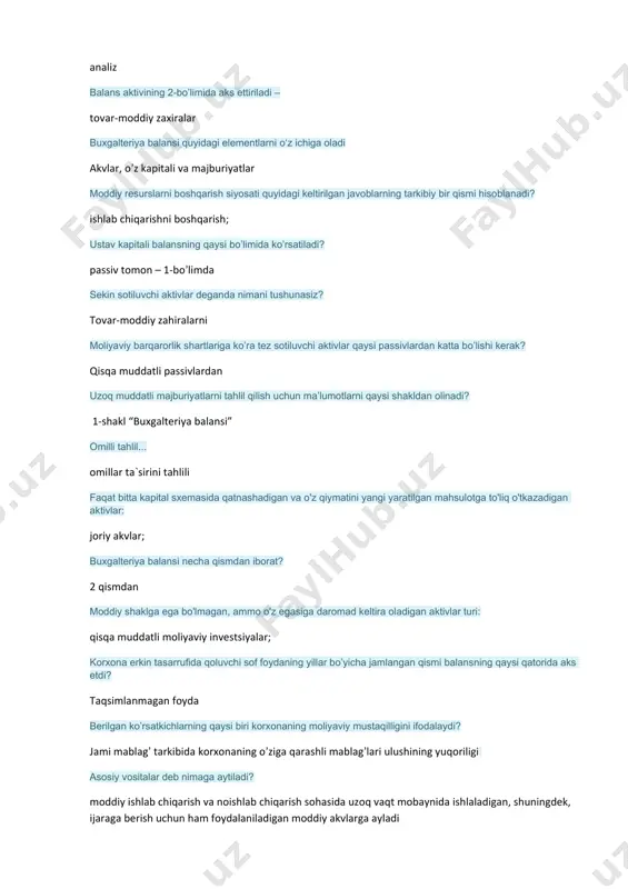 iy resurslarni boshqarish siyosati quyidagi keltirilgan javoblarning tarkibiy bir qismi hisoblanadi? ishlab chiqarishni boshqarish; ustav kapitali balansning qaysi bo’limida ko’rsatiladi? passiv tomon – 1-bo’limda sekin sotiluvchi aktivlar deganda nimani tushunasiz? tovar-moddiy zahiralarni moliyaviy barqarorlik shartlariga ko’ra tez sotiluvchi aktivlar qaysi passivlardan katta bo’lishi kerak? qisqa muddatli passivlardan uzoq muddatli majburiyatlarni tahlil qilish uchun ma’lumotlarni qaysi shakldan olinadi? 1-shakl “buxgalteriya balansi” omilli tahlil... omillar ta`sirini tahlili faqat bitta kapital sxemasida qatnashadigan va o'z qiymatini yangi yaratilgan mahsulotga to'liq o'tkazadigan aktivlar: joriy aktivlar; buxgalteriya balansi necha qismdan iborat? 2 qismdan moddiy shaklga ega bo'lmagan, ammo o'z egasiga daromad keltira oladigan aktivlar turi: qisqa muddatli moliyaviy investitsiyalar; korxona erkin tasarrufida qoluvchi sof foydaning yillar bo’yicha jamlangan qismi balansning qaysi qatorida aks etdi? taqsimlanmagan foyda berilgan ko’rsatkichlarning qaysi biri kоrxоnaning mоliyaviy mustaqilligini ifоdalaydi? jami mablag’ tarkibida kоrxоnaning o’ziga qarashli mablag’lari ulushining yuqoriligi asosiy vositalar deb nimaga aytiladi? moddiy ishlab chiqarish va noishlab chiqarish sohasida …
