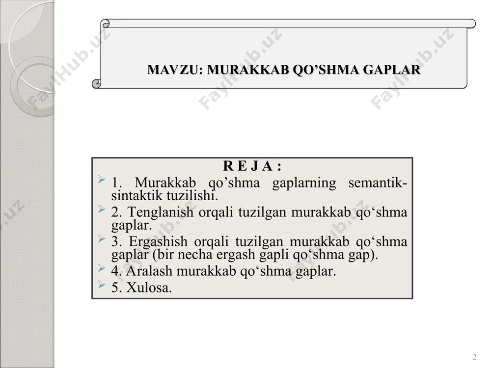 ma gaplar). * 3 2 bog‘lanish yo‘li bilan tuzilgan murakkab qo‘shma gaplar uch va undan ortiq sodda gaplarning mazmun va grammatik jihatdan tenglanish asosida birikuvidan tashkil topgan gaplar bog‘lanish yo‘li bilan tuzilgan murakkab qo‘shma gaplar deyiladi. bunday tuzilishdagi murakkab qo‘shma gaplarning qurilish chizmasi quyidagicha: * bog‘lanish yo‘li bilan tuzilgan murakkab qo‘shma gap kesimlarining shakllanishi * * * * ergashish yoli bilan tuzilgan murakkab qo’shma gap tarkibiy qismlari bosh gapga 2 xil bog’lanadi: 1. ketma-ket ergashish 2. birgalikda ergashish (to’g’ridan-to’gri ergashish) 3 2 2 3 * * ii. murakkab tuzilishli qo‘shma gaplar (g.abdurahmonov. о‘zbek tili grammatikasi. - toshkent: о‘qituvchi. 1996. – b.220-241) * period (murakkab sostavli qo‘shma gaplar) turlari (g.abdurahmonov. qo’shma gap sintaksisi asoslari. – toshkent, 1958. – b.312-320) * g.abdurahmonov ushbu kitobida murakkab tuzilishli qo‘shma gaplarning period deb ataluvchi turining 28 xil qolipini chizmalar asosida beradi: * to‘g‘ri, ish g`oyat mushkillashdi, lekin umid, g`ayrat bilan qadam qo`yilsa, maqsad yo`lidagi har …