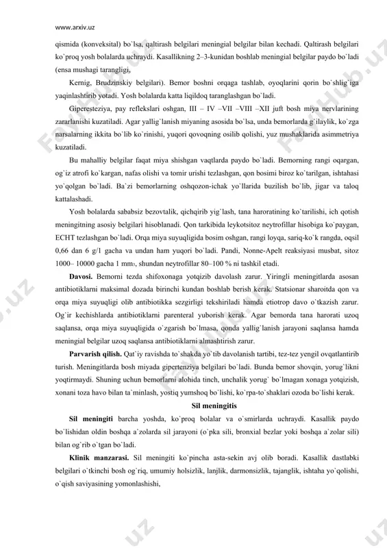 zmga kirib, u yerda ko`payadi va yuqori nafas yo`llarining yallig`lanish belgilarini namoyon qiladi. keyinchalik limfa tugunlarida ko`payib, qon orqali bosh miya pardalariga boradi. meningit boshqa surunkali kasalliklar (otit, zotiljam, abssess, sepsis) dan keyin ham paydo bo`ladi. kasallikning yashirin davri 3–5 kun davom etadi. klinik manzarasi. kasallik to`satdan, o`tkir boshlanib tana haroratining 39 – 40°c gacha ko`tarilishi, qusish, titrash, yosh bolalarda sababsiz baqirib yig`lash bilan kuzatiladi, katta yoshdagilar kuchli bosh og`riqdan shikoyat qiladilar. bemorning hushi karaxt, ruhiy bezovtalik, alahsirash va og`ir hollarda hushning yo`qolish holatlari bo`ladi. agar yallig`lanish miyaning tepa qismida (konveksital) bo`lsa, qaltirash belgilari meningial belgilar bilan kechadi. qaltirash belgilari ko`proq yosh bolalarda uchraydi. kasallikning 2–3-kunidan boshlab meningial belgilar paydo bo`ladi (ensa mushagi tarangligi, kernig, brudzinskiy belgilari). bemor boshni orqaga tashlab, oyoqlarini qorin bo`shlig`iga yaqinlashtirib yotadi. yosh bolalarda katta liqildoq taranglashgan bo`ladi. giperesteziya, pay reflekslari oshgan, iii – iv –vii –viii –xii juft bosh miya nervlarining zararlanishi kuzatiladi. agar yallig`lanish …
