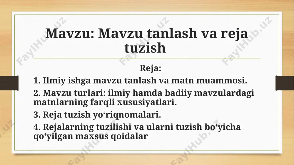 kaviy ish rejasini tuzish, uni ilmiy rahbar bilan kelishish – malakaviy ishni yozish bo'yicha foydalanadigan adabiyotlar ro'yxatini tuzish; – malakaviy ish bo'yicha zarur bo'ladigan ma'lumotlarni tegishli tashkilotlardan to'plash. bitiruv malakaviy ishni bajarishda talabalarni bitiruv oldi amaliyotini o'tishi muhim ahamiyatga ega. chunki, bu davrda talaba o'zi tanlagan korxona faoliyati bo'yicha materiallarni yig'ib, qayta ishlab chiqadi va hisobot yozadi. bitiruv malakaviy ishning obyekti sifatida mulkchilikning turli shaklidagi ishlab chiqarish korxonalari yoki ularning bo'limlari, sends korxonalari (kompaniyalar) qabul qilinishi mumkin. bitiruv malakaviy ish oliy va o'rta maxsus ta'lim vazirligi tomonidan tasdiqlangan o'quv rejalari asosida o'tilgan fanlarning yakuniy baholash mezoni hisoblanadi. bitiruv malakaviy ish yosh mutaxassisning mustaqil ravishda xo'jalik yuritish bilan bog'liq masalalarni yechish qobiliyatini baholovchi hujjat hisoblanib, uning himoyasi bakalavrning nazariy bilim va amaliy ko'nikmalarini tasdiqlash uchun xizmat qiladi. bitiruv malakaviy ishning mavzusini tanlash. bitiruv malakaviy ish mavzusini to'g'ri tanlash talabaning izlanishlari samaradorligini belgilab boradi, shu sababli kafedra tomonidan mavzularni erkin tanlash imkoniyatlari …