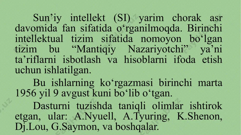 dmet sohalari murakkab vazifalar yechimini topish uchun tahlil va xulosalarni yuzaga keltiruvchi model, qoida, omillar (ma’lumotlar) majmuidir. axborot ta’minotining alohida yaxlit strukturasi ko‘rinishida yaqqol ko‘zga tashlangan va tashkil etilgan predmet sohasi haqidagi bilim boshqa bilim turlaridan, masalan, umumiy bilimdan ajratib turadi. bilimlar bazasi asosiy ekspert tizimi sanaladi. bilimlar fikrlash va vazifalarni hal etish usuliga imkon beruvchi aniq ko‘rinishda ifodalanadi va qaror qabul qilishni soddalashtirishga ko‘maklashadi. ekspert tizimining asosligini ta’minlovchi bilimlar bazasi tashkilotning bo‘linmalaridagi mutaxassislar bilimini, tajribasini o‘zida mujassamlashtiradi va institutsional bilimlarni (ixtisoslashganlar majmuini, yangilanayotgan strategiyalar, qarorlar uslublari) ifodalaydi. ishlatilgan internet saytlar: android-robot.com orbita.uz e’tiboringiz uchun raxmat! image1.jpg image2.jpg image3.jpg image4.jpeg image5.png image6.png image7.jpg /docprops/thumbnail.jpeg