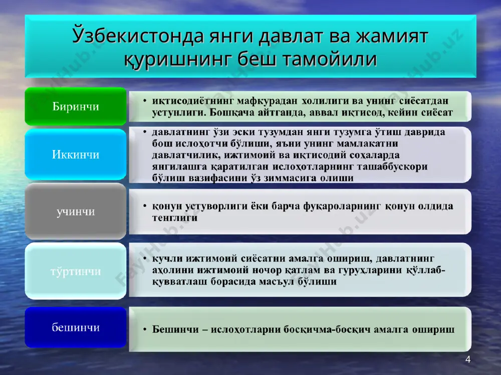 атхоналари очилди. бундан ташқари, мамлакатда мини банклар фаолияти кенг йўлга кўйилди. 2002 йилда ўзбекистон республикаси ҳукумати ҳамда халқаро валюта фонди ўртасида иқтисодий ва молиявий сиёсат масалалари юзасидан меморандум имзоланди. ўзбекистон ва халқаро тикланиш ва тараққиёт банки (хттб) ва осиё тараққиёт банки (отб) билан ҳам кенг ҳамкорлик йўлга қўйилди. иқтисоднинг аграр соҳасидаги ўзгаришлари 1991-2003 йиллар давомида қишлоқ хўжалигини ислоҳ қилиш масалалари бўйича 10 дан ортиқ қарорлар қабул қилди. 2003 йилда 3541 минг гектар экин майдонининг 3326 минг гектари ёки 94% ширкат, фермер ва деҳқон ҳўжаликлари ихтиёрида бўлса, бугунги кунда улар деярли шундан 992 минг гектари фермер ҳўжаликлари тасарруфига ўтди. республикада етиштирилган қишлоқ хўжалиги маҳсулотларининг 99 фоизи иқтисодиётнинг нодавлат сектори ҳиссасига тўғри келади. 1991 йилгача мамлакатимизда 1 миллион 842 минг хонадон газлаштирилган бўлса, бу кўрсатгич 1997 йилда 3 миллион 155 мингга етди. қишлоқларда 2 миллионга яқин иш жойи яратилди. 650 минг кишини касбга тайёрлаш мўлжалланди. 2003 йилдан тошкент давлат аграр университетининг нукус …