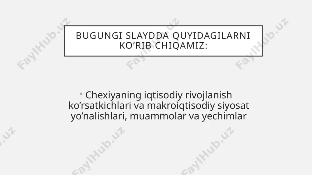 mehnat bozori ishsizlik darajasi: 2024-yil holatiga ko‘ra 3-3.5%, yevropadagi eng past ko‘rsatkichlardan biri. mehnat unumdorligi: yuqori darajada. ishchi kuchi yaxshi malakaga ega, bu sanoatni raqobatbardosh qiladi. 5. investitsiyalar va biznes muhiti to‘g‘ridan-to‘g‘ri xorijiy investitsiyalar (txi): chexiya iqtisodiy barqarorligi va qulay soliq tizimi tufayli ko‘plab xorijiy investorlarni jalb qilgan. biznes yuritish qulayligi: dunyo banki reytingida yuqori o‘rinda turadi. raqamli infratuzilma rivojlanmoqda. 6. inflyatsiya va monetar siyosat inflyatsiya: 2022-yilda inflyatsiya yuqori bo‘lgan (taxminan 16%), ammo 2024-yilda pasayib, 5-6% atrofida bo‘lishi kutilmoqda. markaziy bank siyosati: chexiya milliy banki inflyatsiyani nazorat qilish uchun foiz stavkalarini faol ravishda o‘zgartirib boradi. 5. yashil siyosatga o'tishda qiyinchiliklar muammo: yevropa ittifoqining “yashil kelishuv” talablariga moslash jarayoni murakkab va qimmatga tushmoqda. energetika infratuzilmasining modernizatsiyasi katta sarmoya talab qiladi. yechimlar: yevropa ittifoqi fondlaridan foydalanish. quyosh, shamol va biomassa kabi qayta tiklanadigan energiya manbalarini rivojlantirish. energiya samaradorligini oshirish bo‘yicha yirik investitsion dasturlarni joriy etish. makroiqtisodiy siyosat yo’nalishlari 1. pul-kredit siyosati (monetar …