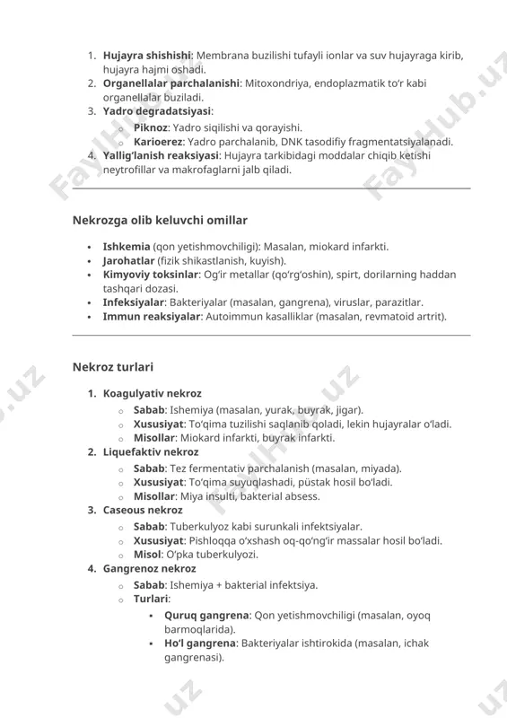 larining shikastlanishi (masalan, oshqozon osti bezi). · xususiyat: yogʻli kislotalar kaltsiy bilan birikib, "sovun" hosil qiladi. nekrozning klinik ahamiyati · yalligʻlanish: oʻlik toʻqimalar makrofaglar tomonidan tozalanadi. · toʻqima regeneratsiyasi: agar nekroz kichik boʻlsa, toʻqima tiklanadi; katta boʻlsa, chandiq (soʻzak) hosil boʻladi. · organ funktsiyasining yoʻqolishi: masalan, miyokard infarktida yurak pompalash qobiliyati pasayadi. nekrozni apoptozdan farqlash xususiyat nekroz apoptoz sabab tashqi zarar ichki signal (genetik) hujayra hajmi shishadi qisqaradi yalligʻlanish kuchli yoʻq dnk parchalanishi tasodifiy tartibli (ladder pattern) atrof toʻqimaga taʼsir zarar yetkazadi zararsiz davolash · nekrotik toʻqimalarni olib tashlash (jarrohlik). · antibiotiklar (bakterial infektsiyalarda). · qon aylanishini tiklash (ishkemik nekrozda). · yalligʻlanishga qarshi dorilar. misol: · quruq gangrena (ayollar koʻpincha qondagi yetishmovchilik tufayli oyoq barmoqlarida paydo boʻladi). · oshqozon osti bezining oʻtkir pankreatitida fermentlar toʻqimalarni eritib, nekrozga olib keladi. xulosa: nekroz — bu hujayralarning tartibsiz oʻlimi boʻlib, asosan tashqi omillar taʼsirida roʻy beradi. uning oldini olish yoki davolash asosiy kasallikni …