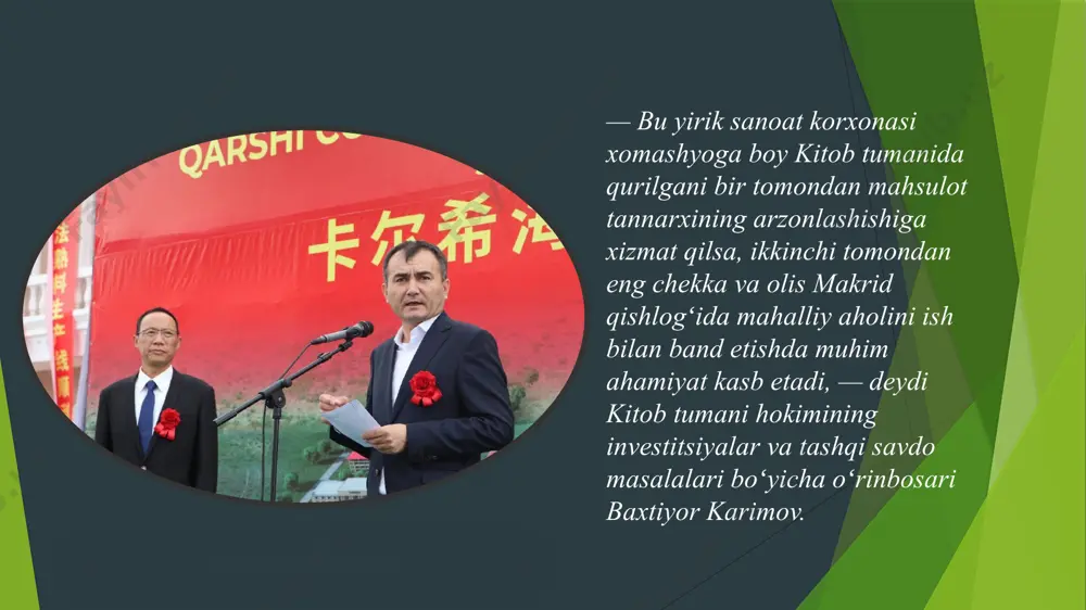 ib, yangi quvvatlar ishga tushirilmoqda. jumladan, tumaning "navro‘z" mahalla fuqarolar yig‘ini hududida 150 mln aqsh dollari miqdorida xitoyning "conch international holdings" tomonidan to‘g‘ridan-to‘g‘ri xorijiy investisiya kiritilishi natijasida 2019 yilning oktyabr' oyida tamal toshi qo‘yilgan “qarshi conch cement” zavodining tantanali ochilish marosimi o‘tkazildi. e’tiboringiz uchun raxmat image1.jpeg image2.png image3.png image4.png image5.png image6.jpeg image7.png image8.png image9.png image10.png /docprops/thumbnail.jpeg
