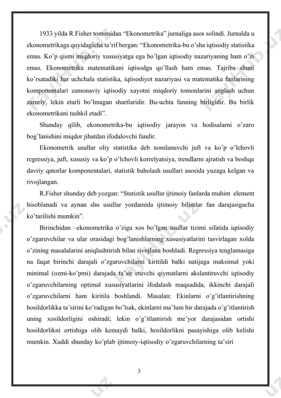 egressiyani ko’raylik, y  a  b1 x  b2 z  b3 xz albatta bu tenglamada o’zaro ta’sir effekti ( b3 -parametri) statistika nuqtai nazaridan qiymatga ega bo’lmasligi ham mumkin. ammo iqtisodiy nuqtai nazardan ma’noga ega. iqtisodiy tadqiqotlarda regressiya tenglamalari o’zlari ma’noga ega bo’la boshladilar. masalan, tannarxni yishlab chiqarish hajmiga x(mahsulot birligi miqdori) bog’liqligi quyidagicha ifodalanishi mumkin: ishlabchiqarish ishlab chiqarish ishlab chiqarish hajmiga xarajatlari hajmiga bog 'liq  bog 'liq bo'lg an xarajatlar bo 'lmagan xarajatlar (doimiy xarajatlari )yx  a  bx (o ' zgaruvchi xarajatlar) tenglikni ikkala qismini ishlab chiqarish harajatlari hajmi xbo’lsak, quyidagini olamiz: bir mahsulot birligi bir mahsulot bir mahsulot hisobida ishlab  birligiga doimiy  birligiga o ' zgaruvchanxarajatlar у  a  b x bunday tenglamalarning parametrlari kichik kvadratlar usuli bilan baholanishi mumkin, ushbu parametrlarning xususiyatlari shundan iboratki ularning har biri aniq iqtisodiy ma’noga ega. ekonometrik tadqiqotlar quyidagi masalalarni o’z ichiga oladi: · …