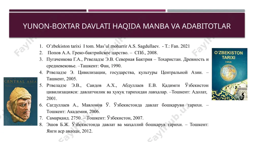 latlar uyushmasi (ittifoqi) tomonidan amalga oshirilgani, dastavval, nisbatan kuchlilar, ular orasidan «baqtriyaliklar», keyin esa «ularga tobe bo‘lganlar» haqidagi konsepsiyani ilgari surgan edi. hozirgi vaqtda ko‘pchilik tadqiqotchilar yunon-baqtriya podsholarining boshqargan hududlari shimoliy afg‘oniston, janubiy o‘zbekiston va hindiqushdan janubdagi ayrim viloyatlar bo‘lganligini e’tirof etadilar. bu hududlardagi markazlashgan davlatda diodot i, keyin esa yevtidem i (ya’ni, mil. avv. iii asrning ikkinchi yarmi) davrlarida kuchli podsho hokimiyati mavjud edi. mil. avv. ii asrning ikkinchi choragidan boshlab yunon-baqtriya podsholigining inqiroziga qadar davlatda mutlaq birlik va barqarorlik bo‘lmagan. yunon-boxtar podsholigi inqirozi miloddan avvalgi 209 yilda. salavkiya shohi antiox iii parfiyaliklarni mag'lub etib , baqtriyaga bostirib kiradi . antiox herirud daryosidagi jangda baqtriyaliklar otryadi ustidan g’alaba qozonadi evtidem o'zining poytaxti baqtraga (balx) chekindi. shahar suriya otryadlari tomonidan qamalda qoldi. qamal taxminan ikki yil davom etdi. og'ir urushdan charchagan antiox iii o'zining yaqin sherigi teleyni (evtidemning vatandoshi) evtidimga yuborishga qaror qildi. evtidem teleyni suriyaliklar uchun baqtriyadagi mustaqil qirollikni …
