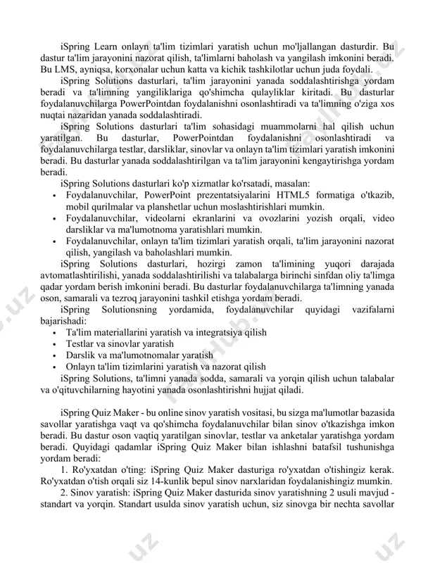 dio fayllarni qo'shish, video va audio fayllarni integratsiyalash va powerpoint slaydlarini html5 formatiga o'tkazish imkoniyatini beradi. bu dastur powerpoint foydalanuvchilari uchun juda foydali va qulaydir. ispring cam ekran yozish uchun yaxshi bir dasturdir va foydalanuvchilarga video darsliklar, ma'lumotnoma va video qo'llanmalar yaratishga imkon beradi. bu dastur ekrandagi harakatlar, ovoz va video yozish imkoniyatini beradi. ispring learn onlayn ta'lim tizimlari yaratish uchun mo'ljallangan dasturdir. bu dastur ta'lim jarayonini nazorat qilish, ta'limlarni baholash va yangilash imkonini beradi. bu lms, ayniqsa, korxonalar uchun katta va kichik tashkilotlar uchun juda foydali. ispring solutions dasturlari, ta'lim jarayonini yanada soddalashtirishga yordam beradi va ta'limning yangiliklariga qo'shimcha qulayliklar kiritadi. bu dasturlar foydalanuvchilarga powerpointdan foydalanishni osonlashtiradi va ta'limning o'ziga xos nuqtai nazaridan yanada soddalashtiradi. ispring solutions dasturlari ta'lim sohasidagi muammolarni hal qilish uchun yaratilgan. bu dasturlar, powerpointdan foydalanishni osonlashtiradi va foydalanuvchilarga testlar, darsliklar, sinovlar va onlayn ta'lim tizimlari yaratish imkonini beradi. bu dasturlar yanada soddalashtirilgan va ta'lim jarayonini …