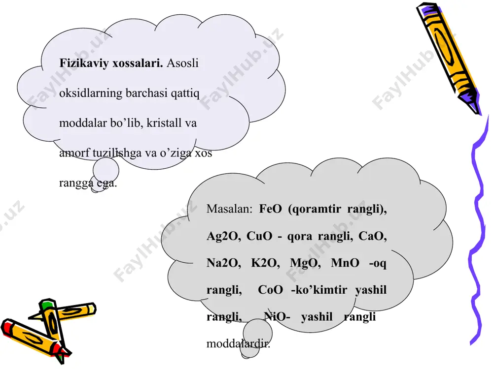 eritma holida bo‘lib, boshqalari qattiq holda bo’ladi. ishqorlar qattiq holda, oq rangli, juda gigroskopik moddalardir. asoslar turli rangli bo‘lib, amorf va kristall tuzilishli, suvda kam eruvchan moddalar. ishqorlarning suvli eritmalari kuchli va asoslarning eritmalari kam elеktr o’tkazish xossalariga ega. kimyoviy xossalari. 1.kislotali oksidlar bilan ta’sirlashib tuz va suv hosil qiladi: 2al(oh)3 + 3so2 → al2(so3)3 + 3h2o 2. ba’zi gidroksidlar qizdirilganda suv, kislorod va erkin holda mеtall ajralib chiqadi: 4agoh → 4ag + o2 + 2h2o 3. gidroksidlar qizdirilganda mеtall oksidi va suv hosil qiladi: ca(oh)2 → cao + h2o 4. ammoniy gidroksid qizdirilganda parchalanib, gazsimon moddalarga parchalanadi: nh4oh → nh3↑ + h2o gidroksidlar amfotеr gidroksidlar. amfotеr gidroksidlar dеb, ham asoslarga, ham kislotalarga xos bo‘lgan xossalarga ega bo‘lgan gidroksidlarga aytiladi. amfotеr gidroksidlarga be(oh)2, zn(oh)2, al(oh)3, cr(oh)3 va h.zolar kiradi. 1.)amfotеr gidroksidlar ishqorlar va kislotali bilan rеaktsiyaga kirishadi: zn(oh)2 + 2koh → k2[zn(oh)4] zn(oh)2 + h2so4 → znso4 + 2h2o be(no3)2 …