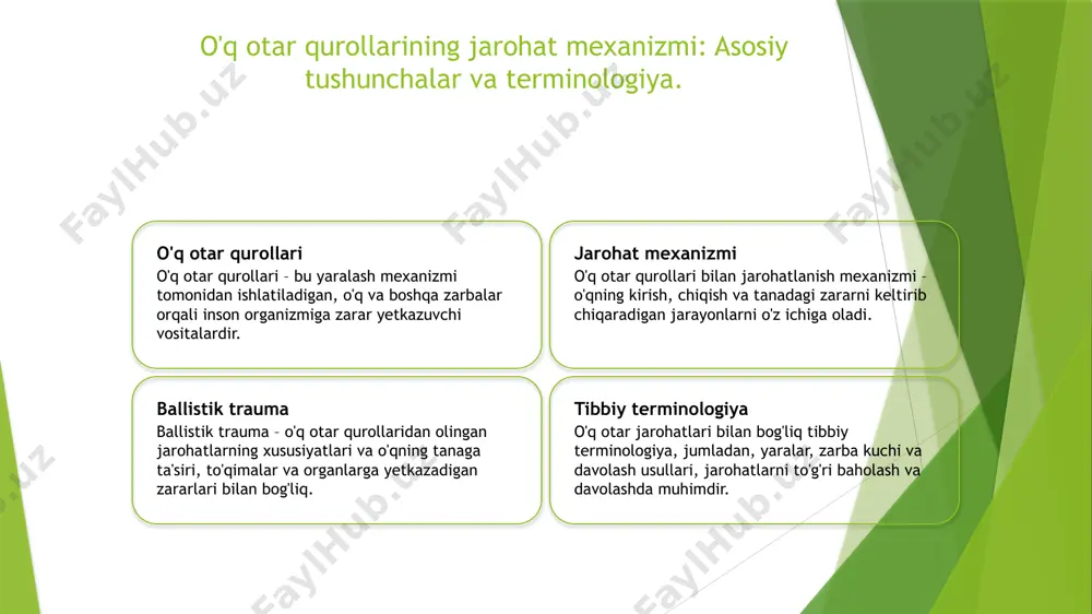 laceratsion jarohatlar. har biri o'ziga xos davolash usullarini talab qiladi. klinik belgilari klinik belgilari jarohatning turiga qarab farqlanadi. qon ketishi, og'riq va shishish, asosan, jarohatning darajasi va joylashuviga bog'liq. davolash usullari o'q otar jarohatlarini davolashda jarrohlik, antibiotiklar va og'riq qoldiruvchi dori-darmonlar qo'llaniladi. erta tibbiy yordam hayotni saqlab qolishi mumkin. sud tibbiyotida ballistik jarohatlar: tahlil va baholash. sud tibbiyotida ballistik jarohatlar, qurolning ta'sir mexanizmini aniqlash va jarohatlarni baholashda muhim ahamiyatga ega. jarohatlarning xususiyatlari, shuningdek, o'qning tezligi va yo'nalishi, jarohatni tahlil qilishda e'tiborga olinishi lozim. • ballistik jarohatlar tahlili o'qning kuchi va yo'nalishini aniqlaydi. • tahlil natijalari sud jarayonlarida dalil sifatida qo'llaniladi. • sud tibbiyotida ballistik jarohatlarni baholash jarohatlarning og'irligini aniqlashga yordam beradi. klinik davolashda yaralar va ularning xususiyatlari. yaralar turlari davolash usullari reabilitatsiya jarayoni o'q otar jarohatlari turli xil bo'lishi mumkin: penetratsion, fragmentatsion va avvalgi zarba. har bir turi o'ziga xos jarohat mexanizmi va davolash yondashuviga ega. klinikalarda o'q jarohatlarini davolashda …