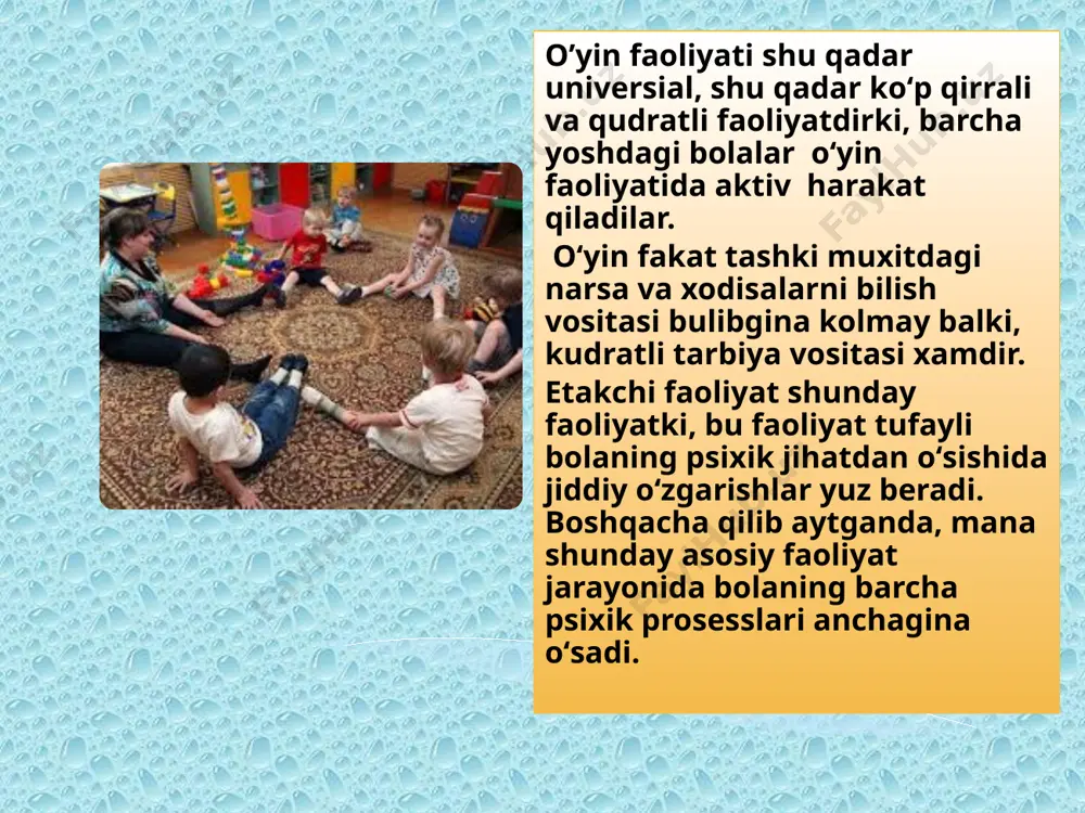 mumkinligini ko'rsatadi. bolalarga ta'lim-tarbiya berish maqsadida kattalarning o'yinni tanlay bilishi,unga to'g'ri rahbarlik qilish "mtm ta'lim va tarbiya dasturi"da belgilangan vazifalarni muvaffaqiyatli amalga oshirishni ta'minlaydi. bolalar o’yinlarining turkumlari ijodiy o’yinlar qoidali o’yinlar ijodiy o’yinlar turlari syujetli rolli o’yinlar sahnalashtiril-gan o’yinlar qurish yasash o’yinlari “ijodiy o`yin” tushunchasi syujetli-roli o`yinlarni, sahnalashtirilgan o`yinlar qu rish konstruktsiyalash o`yinlarni o`z ichiga oladi. ijodiy o`yinlarda bolalarning atrof-muhitdagi hayot haqidagi ta'surtlari u yoki bu hayotiy hodisalarni tushunish darajalari aks etadi. ijodiy o`yinlarning mazmuni bolalarning o`zlari o`ylab topadilar. bu guruh o`yinlarida bolalarning erkinligi, mustaqilligi o`z-o`zini uyushtirish va ijodiyligi namoyon bo`ladi. rang-barang hayotiy ta'surotlar aynan takrorlanmaydi , ular bolalar tomonidan qayta ishlanadi, ularning biri ikkinchisi bilan almashinib turadi va xokazo. har qanday ijodiy faoliyat uchun hos bo`lgan jonli xayolot o`yinchoqlar va hokazolarni tanlashda nomoyon bo`ladi. ijodiy o'yinlar ijodiy o`yinlarning o`ziga xos sabablar bordir; eng umumiy sabab-bolalarning kattalar bilan birgalikda ijtimoiy xayot kechirishga intilishidir. bu intilish bir tomondan bolaning uni amalga …