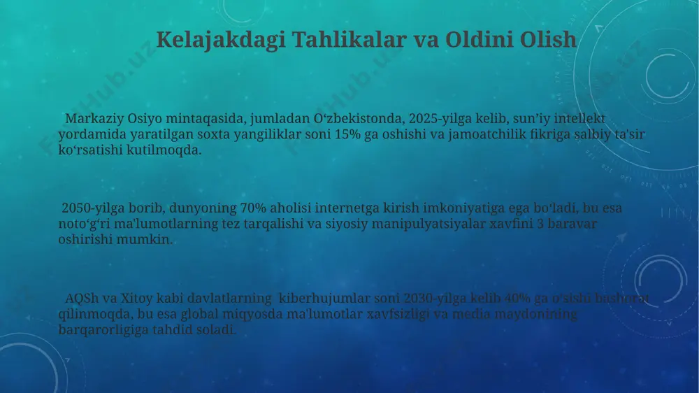 v halokatiga qarshi kurash usullari oav halokatiga qarshi kurashning samarali usullaridan biri, 2023-yilda oʻzbekistonning 5 ta yirik shahrida oʻtkazilgan tadqiqotlarga koʻra, axborot savodxonligini oshirish orqali ommaviy axborot vositalarining salbiy taʼsirini kamaytirish hisoblanadi. 2022-yilda toshkentda oʻtkazilgan 1000 nafar respondent ishtirokidagi soʻrovnoma natijalariga koʻra, oav halokatidan himoyalanishda psixologik yordam va qoʻllab-quvvatlashning muhim roli aniqlangan. samarqand viloyatida 2021-yilda amalga oshirilgan dasturga koʻra, bolalar va oʻsmirlar oʻrtasida oav halokatining oldini olish maqsadida 500 dan ortiq taʼlim-tarbiya seanslari oʻtkazildi, natijada salbiy taʼsir 15% ga kamaydi. e'tiboringiz uchun rahmat @taqdimot_robot image3.png