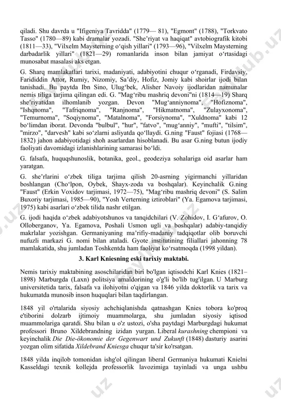 goethe (iogann volfgang fon gyote; 28-avgust 1749, frankfurt, germaniya — 22-mart 1832, veymar, germaniya) — nemis shoiri, faylasuf va tabiatshunos. (gyote goethe) yoxann volfgang (1749.28.8, frankfurtmayn — 1832.22.3, veymar) — nemis yozuvchisi va mutafakkiri. yangi davr nemis adabiyotining asoschisi. ijodi 18-asrning 70—80-yillari germaniyada mavjud boʻlgan "boʻron va hujum" adabiy harakatida ishtirok etishdan boshlangan. shu davrda g. "ges fon berlixingen" (1773), "prometey" (1773) kabi dramalar va lirik sheʼrlar yaratdi. g. adabiy faoliyatining ilk davriga mansub "yosh verterning iztiroblari" (1774) romani oʻsha davr nemis adabiyotida katta voqea boʻldi. asarda ilgʻor nemis yoshlar avlodining ijtimoiy fojiasi oʻz aksini topgan. 1786—88 yillarda g. italiyaga safar qiladi. shu davrda u "ifigeniya tavridda" (1779— 81), "egmont" (1788), "torkvato tasso" (1780—89) kabi dramalar yozadi. "sheʼriyat va haqiqat" avtobiografik kitobi (1811—33), "vilxelm maysterning oʻqish yillari" (1793—96), "vilxelm maysterning darbadarlik yillari" (1821—29) romanlarida inson bilan jamiyat oʻrtasidagi munosabat masalasi aks etgan. g. sharq mamlakatlari tarixi, madaniyati, adabiyotini chuqur oʻrganadi, …