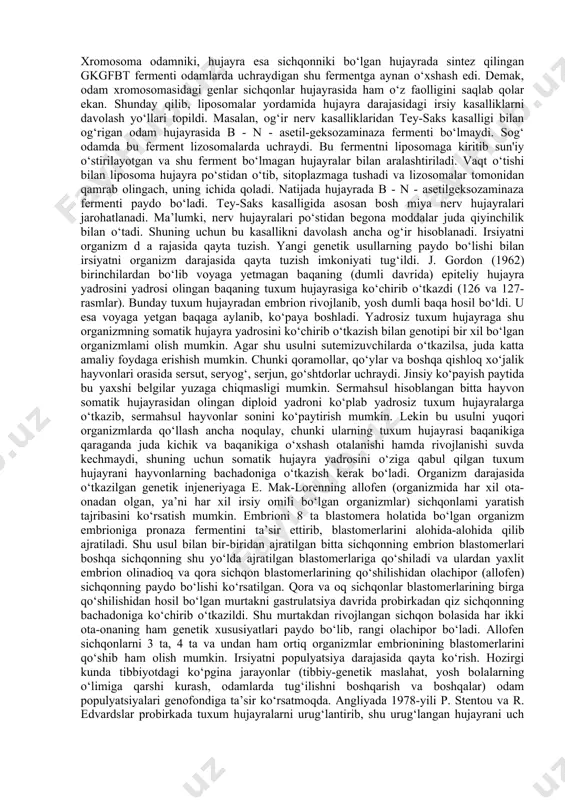 ri yordamida plazmida dnk zanjiri bir-biridan ajratilib, uning yakka dnk ipi mayda bo‘laklarga bo‘linadi. restriktaza fermentlarining 500 dan ortiq xili bo‘lib, har birining dnk molekulasida o‘zining ta’sir ko‘rsatadigan, ya’ni uzadigan joyi bor. shular ichida eng ko‘p ishlatiladigani restriktaza ecorl dir. bu restriktazani ishlatishning qulayligi shundaki, u dnk molekulasining faqat ma’lum bir joyini, ya’ni aniqrog‘i adenin va timin orasidagi bog‘ni uzadi natijada yakka ipli dnkning boshqa dnk bo‘lagi bilan oson birlashadigan mayda bo‘laklari paydo bo‘ladi va bu bo‘laklarda nukleotidlarning joylashishi bittasida faqat adeninli asosdan boshlansa, ikkinchisi faqat timindan boshlanadi. boshqa dnk bo‘lagini o‘ziga osongina birlashtiradigan dnk bo‘lagi va ajratilgan, ya’niakerakli genni ligaza fermenti bo‘lgan eritmaga solinadi. ligaza fermenti kerakli genni shu genni ko‘chiruvchi plazmida dnksiga ulaydi. natijada har xil dnkli (ximer) plazmida hosil bo‘ladi. ular endi shunday plazmidalarni o‘ziga qabul qiluvchi hujayralari (retsipientlar) bo‘lgan sovuq holdagi kaltsiy xlor eritmasiga tushiriladi restriktaza fermenti ta’sirida uzilgan dnk molekulasi bo‘laklarining oxirgi qismi bir xil …