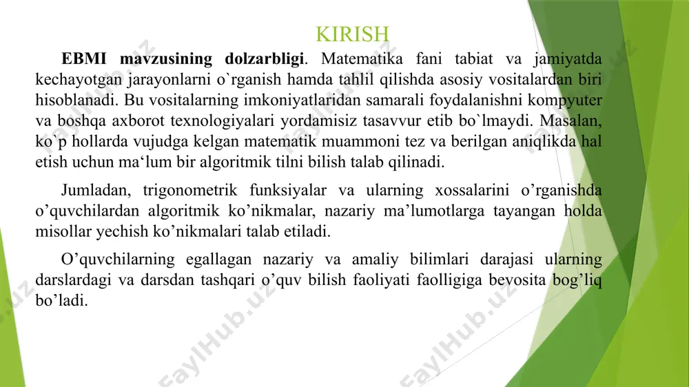 rga ularni faollikka undash, ularda hamkorlikda ishlash, ma’lum vaziyatlarni boshqarish hamda mantiqiy tafakkur yuritish ko’nikmalarini shakllantirishdan iborat. trigonometrik funksiyalar mavzusi boýicha dars ishlanmasi tashkiliy qism: blits - so’rov savollari burchak tushuchasining ta’rifini ayting. burchakning gradus va radian o’lchovlarini tavsiflang. a burchak sinusini ta’riflang. a burchak kosinusini ta’riflang. a burchak tangenisi va katangesini ta’riflang. asosiy trigonometrik ayniyatlarni ayting. trigonometrik funksiyalarning asosiy xossalarini sanang. teskari trigonometrik funksiyalarni ta’rifang. keltirish formulalarini aytib bering. trigonometriya bo’limini o’qitishning dolzarbligi arxitekturada trigonometriyani qo'llash hech qachon kam bo'lmasligi kerak bo'lgan narsadir. rejalarni yaratish va ularni keyinchalik bajarish uning ishlatilishiga bog'liq. uy yoki qurilishni yaratish ma'lum parametrlarga muvofiq bo'lishi kerak. masalan, vaqt o'tishi bilan binoning qulashiga olib keladigan har qanday deformatsiyaning oldini olish uchun barcha devor va ustunlarning har bir burchagi o'lchanishi kerak. me'morchilikda trigonometriyadan foydalanishning aniq namunasini misr piramidalarida va ispanlar kelguniga qadar amerika qit'asida yashagan tsivilizatsiyalar tomonidan qilingan qurilishlarda ko'rish mumkin. trigonometriya qo'llanilishi tufayli bu inshootlar …