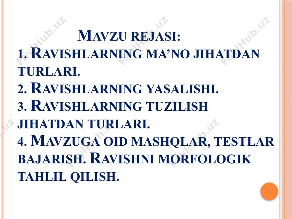 , do‘stona, qahramonlarcha, naridan-beri, yana, bazur (bahuzur yoki bemalol),bafurja, arang, eskicha, qatorasiga va b. 2. payt ravishlari harakat-holatning bajarilish paytini bildirib, qachon? qahondan? qachongacha? qachondan beri? so‘roqlaridan biriga javob bo‘ladi: avval, ilgari, so‘ng, keyin, endi, hozir, hanuz, hamisha, hamon, erta-indin, qishin-yozin, doimo, tez orada, shu kuni, bu borada, kecha-kunduz. 3. o‘rin ravishlari harakat-holatning bjarilish yoki bajarmaslik o‘rnini bildirib, qayer? so‘rog‘iga javob bo‘luvchi ravishlardir: ichkari, tashqari, olg‘a, u yer-bu yerda, uzoqdan, naridan, beridan, yaqindan, pastdan, yuqorida,o‘ngda, chapda, oldinda. 4. miqdor-daraja ravishlari harakat-holatning darajasini, miqdorini, belgining darajasini, narsa-buyumning noaniq miqdorini bildirib, qancha? qay darajada? so‘roqlariga javob bo‘ladi: juda, ehg, g‘oyat(da), nihoyatda, ko‘p, mo‘l, bisyor, oz, kam, picha, ancha, bir talay, biroz. 5. maqsad-sabab ravishlari harakat-holatning maqsadini yoki sababini bildirib, nega? so‘rog‘iga javob bo‘ladi: noiloj, chorasizlikdan, ilojsizlikdan (sabab ravishlari); atayin, ataylab, jo‘rttaga,qasddan, qasdma-qasd, azza-bazza (maqsad ravishlari) ravishlarning yasalishi ravishlar tub va yasama bo‘ladi. tub ravishlar asos yordamida harakat-holatning belgisini ifodalaydigan ravishlardir: tez, sekin, …