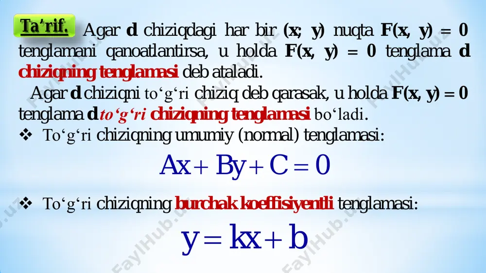 n tekisliklar kesishmasidan iborat nuqtalarning geometrik oʻrni sifatida aniqlash mumkin.  toʻg‘ri chiziqning umumiy tenglamasi: 1 1 1 1 2 2 2 2 0 0 a x b y c z d a x b y c z d + + + =  + + + = toʻg‘ri chiziqqa parallel boʻlgan ixtiyoriy vektor toʻg‘ri chiziqning yoʻnaltiruvchi vektori deb ataladi. yuqoridagi tenglamalar sistemasi yordamida ifodalangan toʻg‘ri chiziqning yoʻnaltiruvchisini 𝒔𝒔 = [𝒏𝒏1 × 𝒏𝒏2] kabi aniqlash mumkin. 1 1 1 1( , , )n a b c 2 2 2 2( , , )n a b cva normal vektorlar. bunda 0 0 0 x x mt y y nt z z pt = +  = +  = + 0 0 0x x y y z z m n p − − − = = fazoda toʻg‘ri chiziqning parametrik tenglamasi fazoda toʻg‘ri chiziqning kanonik tenglamasi  fazoda toʻg‘ri chiziqda yotuvchi …