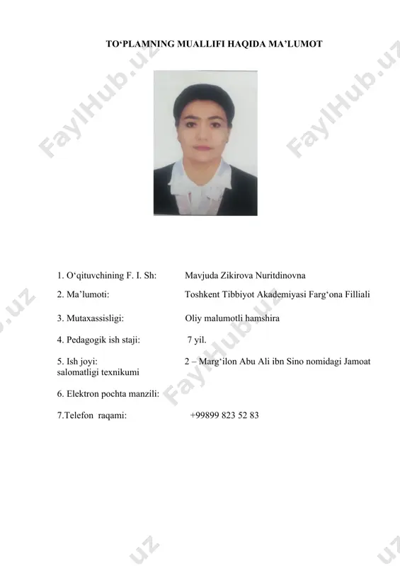 5 balchiq, qum, loy va parafin bilan davolash. 2 nazariy mavzuni mustahkamlash mavzuni umumlashtirish, test topshiriqlarini bajarish, mavzu mazmunini boshqa manbaa va adabiyotlardan foydalanib to‘liq o‘rganish 1soat og‘zaki so‘rov, savol-javob, amaliy topshiriqlar 6 davolash fizkulturasining umumiy asoslari. 2 nazariy mavzuni umumlashtirish, test topshiriqlarini bajarish, mavzu mazmunini boshqa manbaa va adabiyotlardan foydalanib to‘liq o‘rganish 1soat og‘zaki so‘rov, savol-javob, amaliy topshiriqlar 7 yurak qon-tomir kasalliklarida yengil bajariladigan mashqlar. 2 nazariy mavzuni umumlashtirish, test topshiriqlarini bajarish, mavzu mazmunini boshqa manbaa va adabiyotlardan foydalanib to‘liq o‘rganish 1soat og‘zaki so‘rov, savol-javob, amaliy topshiriqlar 8 semizlikda davolash fizkulturasini boshqarish. 2 nazariy mavzuni umumlashtirish, test topshiriqlarini bajarish, mavzu mazmunini boshqa manbaa va adabiyotlardan foydalanib to‘liq o‘rganish 1soat og‘zaki so‘rov, savol-javob, amaliy topshiriqlar 9 massaj haqida tushuncha. massajning odam organizmiga fiziologik ta’siri. 2 nazariy mavzuni umumlashtirish, test topshiriqlarini bajarish, mavzu mazmunini boshqa manbaa va adabiyotlardan foydalanib to‘liq o‘rganish 1soat og‘zaki so‘rov, savol-javob, amaliy topshiriqlar 10 massaj usullari.massajga ko’rsatma …