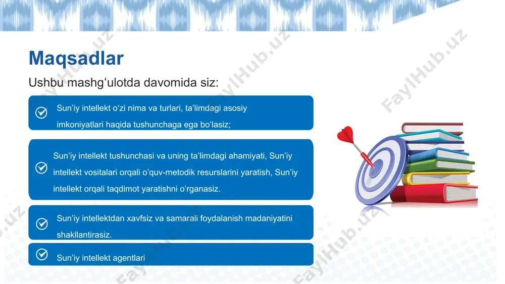 uchli bo‘ladi. 10 darsga qanday tayyorgalik ko‘rar edingiz? darsga qanday tayyorgalik ko‘rishni boshladingiz? sun’iy intellekt oldin keyin sun’iy intellektni o‘qituvchilarimizning darsga tayyorlanishidagi ahamiyati 11 chatgpt ning imkoniyatlari she’r, hikoya, dialog, ssenariy yozadi reklama matni, tabriknoma, taklifnoma tuzadi matn yozish va tahrirlash ijodiy ishlar tayyorlash tarjima qilish insholar, referatlar, maqolalar yozadi grammatik xatolarni tekshiradi matnlarni soddalashtirib, qayta tuzadi darsga tayyorgarlik ko‘rish rejalashtirish va tashklashtirish kundalik rejalarni tuzib beradi loyihalar uchun yo‘l xaritasi chizadi tadbir ssenariysi yozadi bir tilda berilgan ma’lumotlarni ikkinchisiga tarjima qiladi ikkita til o‘rtasida so‘zma-so‘z va mazmunga oid tarjima qiladi reja, prezentatsiya, topshiriqlar tuzadi berilgan mavzu bo‘yicha tushuntirish beradi misol va masalalarni yechib ko‘rsatadi (matematika, fizika, kimyo) va hokazo… murakkab vazifalarni bir yo‘la emas, bosqichma-bosqich hal qilishni so‘rash foydaliroq. vazifani bosqichma-bosqich ishlashni so‘rang belgilangan so‘z soni, uslub yoki ko‘rinish bo‘yicha aniq chegaralar yarating. cheklov yoki talab qo‘ying o‘zingiz istagan format yoki uslubga o‘xshash namunani yozing — bu siga yo‘nalish …