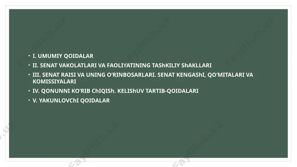 a boshqa qonun hujjatlari bilan belgilanadi. 4-modda. senat tarkibini shakllantirish senatni shakllantirish tartibi o‘zbekiston respublikasi saylov kodeksi bilan belgilanadi. 5-modda. senatning vakolat muddati senatning vakolat muddati — besh yil. vakolat muddati tugagach, senat yangi chaqiriq senati ish boshlagunga qadar o‘z faoliyatini davom ettirib turadi. 6-modda. senat a’zosi saylov kuni yigirma besh yoshga to‘lgan hamda kamida besh yil o‘zbekiston respublikasi hududida muqim yashayotgan o‘zbekiston respublikasi fuqarosi senat a’zosi bo‘lishi mumkin. ayni bir shaxs bir paytning o‘zida senat a’zosi va qonunchilik palatasi deputati bo‘lishi mumkin emas. senat a’zosi daxlsizlik huquqidan foydalanadi. u senatning roziligisiz, senat majlislari oralig‘idagi davrda esa, senat kengashining roziligisiz jinoiy javobgarlikka tortilishi, ushlab turilishi, qamoqqa olinishi yoki sud tartibida beriladigan ma’muriy jazoga tortilishi mumkin emas. senat a’zosiga uning senatorlik faoliyati bilan bog‘liq xarajatlar belgilangan tartibda qoplanadi. qarang: “o‘zbekiston respublikasi oliy majlisi qonunchilik palatasi deputatining va senati a’zosining maqomi to‘g‘risida”gi o‘zbekiston respublikasi qonunining 18-moddasi uchinchi qismi. senat a’zosining vakolatlari qonunda …