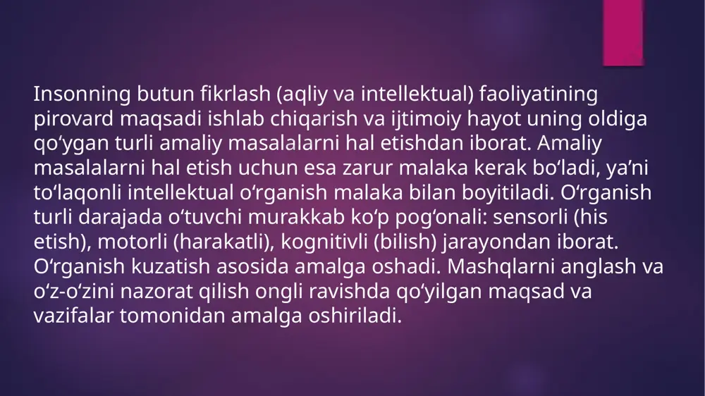 tarkib topishiga aktiv ta’sir ko’rsatuvchi beshyuz ta o’ziga xos ijtimoiy muhit bor degan ma’noni bildiradi. bu yerda shunday bir savol tug’uladi: (tashqi muhit inson shaxsining tarkib topishiga qanday ta’sir -qiladi?) birinchidan ijtimoiy muhitdagi turli muassasalar odamning ongiga bevosita ta’sir qilib, unda chuqur iz qoldiradi. ikkinchidan, tashqi ijtimoiy muhit ta’sirining chuqurroq va mustahkamroq bo’lishiga odamning o’zi yordam beradi. ma’lumki, bolalar o’z tabiatlariga ko’ra ilk yoshlik chog’laridan boshlab, nihoyat darajada taqlidchan bo’ladilar. bolalar katta oldamlarning barcha hatti – harakatlariga bevosita taqlid qilish or-qali bu hatti – harakatlarin, yaxshi – yomon fazilatlarni o’zlariga singgdirib boradilar. bolalar oilada, ko’cha – kuyda, katta odamlarning har bir harakatlarini, o’zaro munosabatlarini zimdan kuzatib turadilar. e`tiboringiz uchun rahmat image6.jpeg image7.jpeg image8.jpeg image2.png image3.png image4.png image5.png