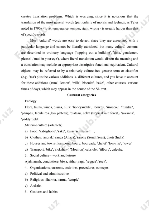 l culture - work and leisure ajah, amah, condottiere, biwa, sithar, raga, 'reggae', 'rock'. 4. organizations, customs, activities, procedures, concepts a) political and administrative b) religious: dharma, karma, 'temple' c) artistic. 5. gestures and habits cock a snook','spitting'. a few general considerations govern the translation of all cultural words. first, your ultimate "consideration should be recognition of the cultural achievements referred to in the sl text, and respect for all foreign countries and their cultures. two translation procedures, which are at opposite ends of the scale, are normally available; transference, which, usually in literary texts, offers local color and atmosphere, and in specialist texts enables the readership (some of whom may be more or less familiar with the sl) to identify the referent - particularly a name or a concept -in other, texts (or conversations) without difficulty. however, transference, though it is brief and concise, blocks comprehension, it emphasizes the …