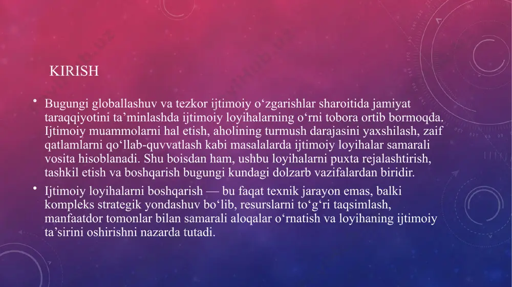 chi loyiha; -ishlab chiqarishni tashkil etish loyihasi; -ishlarni barish loyihasi. ularning barchasi odatda loyiha-smeta hujjatlari deyiladi. ijtimoiy loyihalarni boshqarishning nazariy asoslari har bir ijtimoiy loyiha besh bosqichdan iborat bo'lib, ular davomida muayyan tadbirlar amalga oshiriladi: atrof-muhitni tahlil qilish: bu bosqichda muammolar va ehtiyojlar aniqlanadi, ustuvorliklar aniqlanadi, loyiha ta'sir qiladigan resurslar va aholi soni prognoz qilinadi. loyihani loyihalash: bu bosqichda maqsadlar va metodologiya aniqlanadi va shu maqsadlarga qarab resurslar taqdim etiladi. ilova: loyiha doimiy nazorat va monitoring bilan amalga oshiriladi. yakuniy baholash: so'rovlar kabi sinov usullari amalga oshiriladi. hisobot: olingan natijalar umumlashtiriladi va loyiha kelajakda uni qanday davom ettirish yoki kengaytirish mumkinligi haqida ob'ektiv bilan tahlil qilinadi. barqarorlik inson taraqqiyotining barcha sohalarida tobora ko'proq e'tiborga tushmoqda va bizning harakatlarimiz va ehtiyojlarimizning atrof-muhitga ta'siri haqida tashvishlanish tobora muhim ahamiyat kasb etmoqda. barqaror ijtimoiy loyihalar aynan shu o‘rinda paydo bo‘ladi: ular ijtimoiy guruhlar uchun mavjud sharoitlarni nafaqat ijtimoiy va iqtisodiy nuqtai nazardan, balki …