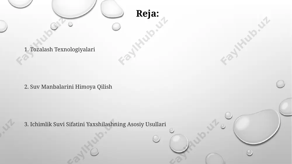 lgan loy filtrlaridan foydalanish suvning rangini kamaytiradi va loyqalikni 90% gacha pasaytiradi, shuningdek, suspenziyalangan moddalar miqdorini sezilarli darajada kamaytiradi. membranali filtrlash texnologiyalari, masalan, teshik o'lchami 0,1 mikrondan kam bo'lgan mikrofiltrlar, suvdan bakteriyalar va viruslarni samarali ravishda olib tashlash imkonini beradi. aktivlashtirilgan ko'mir filtrlarining yuzasi 500-1500 m²/g oralig'ida bo'lib, bu ularga suvdan xlor, og'ir metallar va organik birikmalarni yaxshi adsorbsiya qilish imkoniyatini beradi. og'ir metallardan tozalash ion almashinuvi usuli yordamida, suvdan 90% gacha qo'rg'oshin, kadmiy va simob kabi og'ir metallarni olib tashlashga erishish mumkin, bu usul qimmatroq, lekin yuqori samaradorlikka ega. membrana filtrlash texnologiyalari, masalan, teshik o'lchami 0.001 mikrondan kam bo'lgan nano-filtrlar, suvdan 99% gacha og'ir metallarning o'tishiga yo'l qo'ymaydi, yuqori tozalik darajasini ta'minlaydi. og'ir metallarni olib tashlashda, 5-10 mg/l konsentratsiyada mavjud bo'lgan temirni adsorbsiya usuli yordamida samarali tozalash mumkin, bu esa suvning rangini va ta'mini yaxshilaydi. suvning dastlabki tozalash usullari suvni ph darajasini optimal darajada (6,5-8,5) ushlab turish, kimyoviy tozalash …