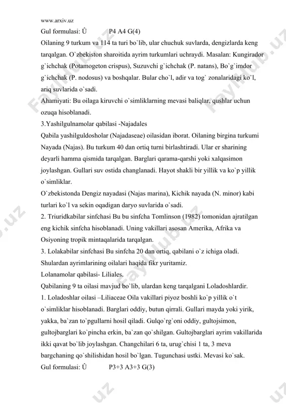 sadi. 3. lola turkumiga 120 dan ortiq tur kiradi. ulardan muhimlari-greyg lolasi (tulipa gregii), turkiston lolasi (t. turkistaniea), kaufman lolasi (t. ferganica) kabi turlari dasht, tog` va tog` etaklarida o`sadi. ahamiyati. oila vakillarini ko`pchiligining gullari chiroyli va hushbo`y hidga ega bo`lganligi uchun manzarali o`simlik sifatida ko`plab ekib o`stiriladi. 2. nargisnamolar qabilasi –amaryllidales. bu qabila 15 ta oilani o`z ichiga oladi. shulardan ayrimlariga to`xtalib o`tamiz. 3. piyozdoshlar oilasi -alliaceae bu oila 30 ta turkum va 650 ta turni birlashtiradi. ular avstraliyadan tashqari hamma mintaqalarda tarqalgan, ko`p yillik, ildiz poyali va piyozboshli, maxsus xid tarqatuvchi o`t o`simliklardir. barglari oddiy, ketma-ket joylashgan, etli,naysimon. to`pgullari oddiy soyabonsimon. gulqo`rg`oni oddiy, gultojbargsimon, gultojbarglar soni 6 ta, asos qismi qo`shilgan, changchilari 6 ta, uruqchisi 1 ta, 3 ta mevabargchaning qo`shilishidan hosil bo`lgan. tugunchasi ustki. mevasi ko`sakcha. gul formulasi: û p(3)+(3) a3+3 g(3) bu oilaning muhim turkimlaridan biri-piyozdir. piyozning o`rta osiyo sharoitida quyidagi turlari uchraydi: 1. osh piyoz …