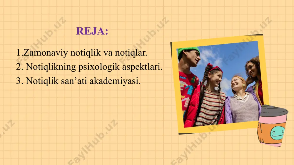 'lishi notiqlik doirasini kengaytirdi, nutqlar endi turli platformalar orqali tarqatilmoqda. bugungi kunda eng mashhur notiqlik guruhlari orasida radio va televideniyedagi so’zlashuvlar, reklama, siyosatchilar va diplomatlar nutqlari va boshqalar bor. shulardan biri mashhur notiq stiv jobsdir. epl(apple) kompaniyasi ko’plab pozitsiyalar bo’yicha jahonning eng yetakchi o’rinlariga ko’tarilganiga qaramasdan, jobs doim oddiy va kamtar odam bo’lib qolgan. jamila toshpoʻlatovna shermuhamedova (1950-yil 18-iyun, qorakoʻl tumani, buxoro viloyati, oʻzbekiston ssr) – oʻzbekistonlik olima, falsafa fanlari doktori (2004), professor (2004). o’qituvchining notiqlik mahorati auditoriya bilan o'zaro aloqada bo'lishni nazarda tutadi. bu nafaqat nutqni aniq va samarali tarzda etkazish, balki tinglovchilarni ruhiy jihatdan o'ziga jalb qilish hamdir. ishonch va xotirjamlik: o’qituvchi taqdimot davomida ishonchli va xotirjam bo'lishi kerak. agar o’qituvchi o'ziga ishonmasa yoki g'oyalarini aniq ifoda eta olmasa, auditoriya ham unga ishonchni yo'qotishi mumkin. bu o'z navbatida ilmiy tadbirlarda muvaffaqiyatsizlikka olib keladi. o’qituvchining ishonchi, uning tanasi tili, ovozi va nutq ritmi orqali seziladi. masalan, o’qituvchining ovozining balandligi, …