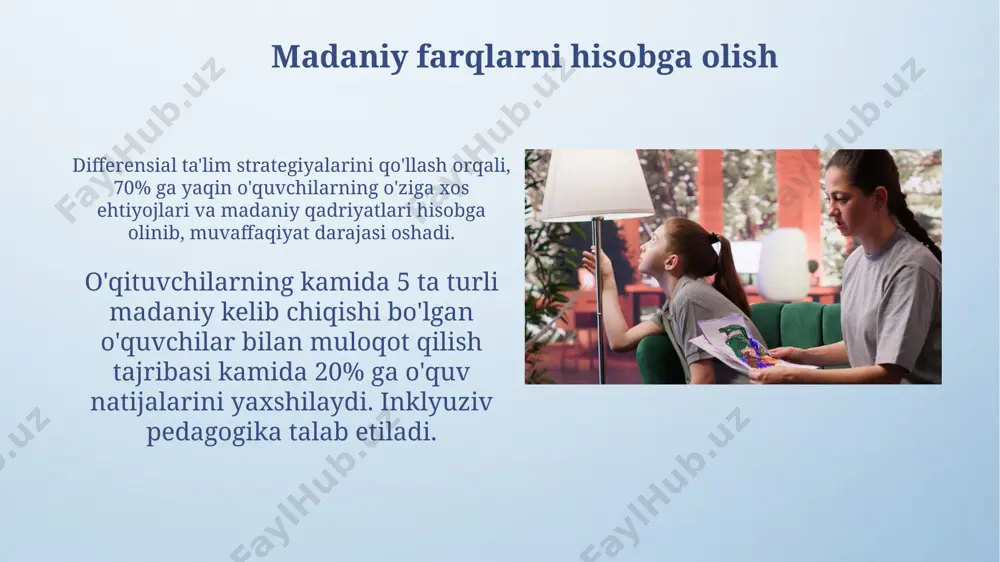 ning 80% dan ortiq qismi faol ishtirok etish imkonini beradi, bu ta'lim samaradorligini oshiradi. inklyuziv ta'lim muhitida muloqot o'quvchilarning individual ehtiyojlarini aniqlash uchun kamida 3 turdagi muloqot kanallaridan (og'zaki, yozma, noverbal) foydalanish inklyuziv ta'limning muhim jihatidir. muvaffaqiyatli inklyuziv ta'lim uchun o'qituvchilar, ota-onalar va maxsus ta'lim mutaxassislari o'rtasidagi muntazam, 2 haftada kamida 1 marta bo'ladigan muloqot, o'quv jarayonining samaradorligini sezilarli darajada oshiradi. muloqotni yaxshilash bo'yicha tavsiyalar o'qituvchilar o'rtasida haftasiga kamida 2 marta, 30 daqiqalik muloqot guruhlarini tashkil etish, ijtimoiy-kommunikativ ko'nikmalarni rivojlantirishga qaratilgan. bolalarni individual ehtiyojlarini hisobga olgan holda, kamida 5 xil muloqot uslubini qo'llashni o'rgatish, masalan, tasviriy, og'zaki, yozma va boshqalar. o'qituvchilar va bolalar o'rtasidagi muloqot muvaffaqiyatli inklyuziya uchun o'qituvchi va o'quvchi o'rtasidagi muloqotning 3 asosiy elementi: o'zaro hurmat, ochiqlik va o'zaro tushunish hisoblanadi. o'qituvchilarning 70% dan ortig'i inklyuziv ta'lim metodlari bo'yicha yetarlicha tayyorgarlik ko'rmaganligi bolalar bilan samarali muloqotni qiyinlashtiradi. effektiv muloqot strategiyasi bolalar bilan ishlashda "men-xabarlari" texnikasini qo'llash orqali kamida …