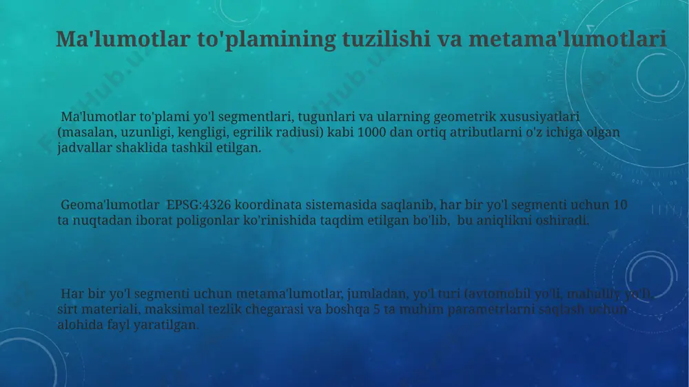 h uchun qo'shimcha tasdiqlash va tekshirish protseduralarini ishlab chiqish lozim. ma'lumotlar to'liqligi 95% dan kam bo'lsa, yo'l segmentlari geometriyasi xatoliklari soni va ularning turiga qarab, qo'shimcha tekshiruv va tozalash ishlarini bajarish kerak. gps koordinatalarining aniqligi 10 metrdan oshgan hollarda, interpolatsiya yoki qo'shimcha georeferensiya usullarini qo'llab, ma'lumotlarning ishonchliligini oshirish zarur. yo'l ma'lumotlarini yig'ish usullari yo'l ma'lumotlarini yig'ishda 3d skanerlash texnologiyasidan foydalanish yo'llarning geometrik parametrlarini, 20 sm aniqlikdagi 3d modelini yaratishga imkon beradi va bu ma'lumotlar yo'l inshootlarini loyihalashda muhim ahamiyatga ega. suratlarni tahlil qilish orqali yo'l belgilarining 15 ta turi va yo'l chiziqlarining 5 ta turini aniqlash, avtomatik ravishda yo'l belgilari va chiziqlarining mavjudligi va holati to'g'risidagi ma'lumotlarni yig'ishga imkon beradi. yo'l holatini baholash uchun, 100 km masofadagi yo'lning 50 ta nuqtasidagi 10 ta turdagi parametrlarni o'lchash orqali yo'l kiyimining tarkibi, yoritilishi va mustahkamligi haqidagi ma'lumotlar to'planadi. ma'lumotlar to'plamini tasdiqlash va tasdiqlanganligi georeferensiyalash aniqligi 10 santimetrdan oshmasligi va kamida 5000 ta …