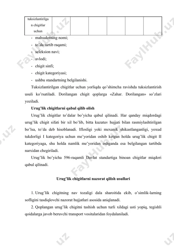 nuqtali namuna har xil 20 ta joydan, 10-15 sm chuqurlikda qo’l bilan olinadi. temir yo’l vagonlarida keltirilgan chigit to’dasidan nuqtali namuna, chigit vagonlardan tushirilayotganda, qo’l bilan bir xil vaqt oralig’ida olinadi. vagondan olingan namunalar miqdori 20 tadan kam bo’lmasligi kerak. avtotransportda keltirilgan chigit to’dasidan namuna chigit mashinalardan tushirilishidan oldin namuna oluvchi qisqich bilan har bir transport vositasidan 10 ta joydan har xil chuqurlikda va tushirilgandan keyin ham 10 ta joydan har chuqurlikda olinadi. chigit transportyorlar orqali uzatilganda, undan namuna olish paxta zavodida qo’l bilan shnekning chiqish uchidan yoki pxs tipidagi mexanik namuna tanlagich bilan chigit tashlagich novidan, yog’-moy zavodlarida esa transportyordan keyin amalga oshiriladi. namuna olish vaqti qo’lda olinganda -2 soatda, pxs namuna olgichda esa 710 daqiqada amalga oshiriladi. bitta nuqtadan olingan namunaning vazni temir yo’l vagonlaridan olinganda kamida 100 g, avtotransportdan olinganda kamida 200 g, transportyorlardan olinganda kamida 600 g, pxs namuna olgichda olinganda esa kamida 40-60 g bo’lishi …