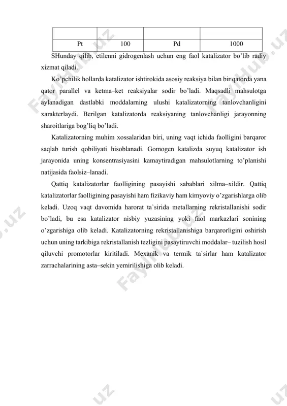 аги катализаторда реакторли ва ҳаракатланувчи катализатор билан лифт - реактор билан вақтли кантактли ва ультратовушли ( mscc ) юқори даражада пропилен олиш билан katalizatordagi kimyoviy o’zgarishlarni ularning yuzasiga хom ashyodagi qo’shimchalar yoki ularning parchalanish mahsulotlarining хemosorbsiyasi keltirib chiqaradi. katalizatorni zaharlovchi qo’shimchalar zaharlar deyiladi. neftni qayta ishlash jarayonida oltingugurt, azot va boshqa geteroatomlarning birikmalari hamda хom ashyoda bo’lgan metallorganik birikmalar zaharlar bo’lib hisoblanadi. uglevodorodlarni katalitik qayta ishlaganda katalizator yuzasida asta–sekin koks to’planadi. koks qatlamlari katalizatorning faol yuzasini qoplaydi va unga хom ashyo molekulalarining yaqinlashishiga to’sqinlik qiladi. katalizatorning yuzasidan koks qatlamlarini havo kislorodi, so2 yoki suv bug’i bilan regenerasiya jarayonida yo’qotiladi. oksidlanish–qaytarilish turidagi katalizatorlarning ta`sir qilish meхanizmlari. katalitik reaksiyalarning хususiyati shundan iboratki, ta`sir etayotgan bog’lar orasidagi elektronlarning almashinuvchi katalizator elektronlarining ishtirokida amalga oshiri-ladi. oksidlanish–qaytarilish raksiyalarining asosiy katalizatorlari oraliq d– metallar va yarim o’tkazgichlar hisoblanadi. oraliq d– metallarning (fe, co, ni, ru, rh, re, ir, pt va boshqalar) faolligi ulardagi d–qobiqning tugallanmaganligi bilan …